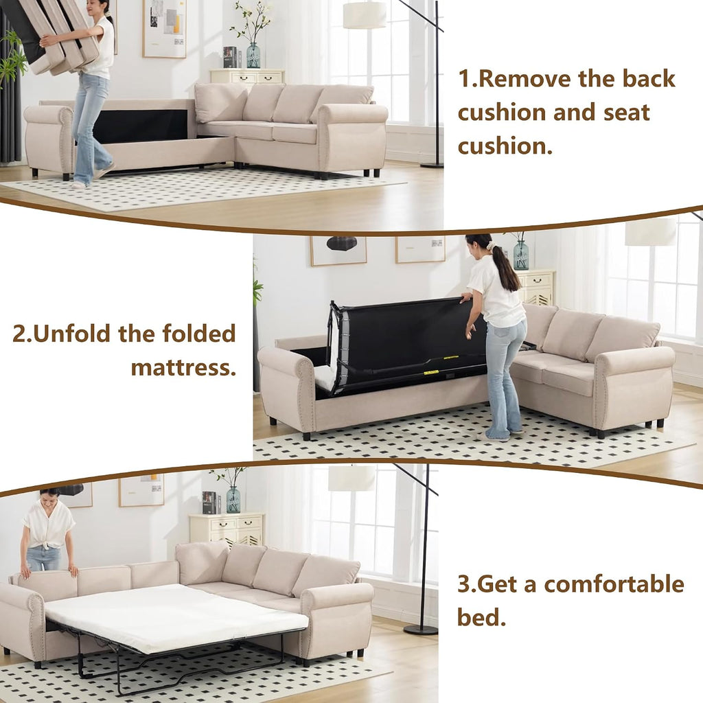 104'' Pull Out Couch, Convertible Sleeper Sofa Bed Queen, Upholstered Sectional Sofa with Mattress, 6-Seater L-Shaped Couch, Modern Sectional Couches for Living Room, Apartment, Studio, Beige