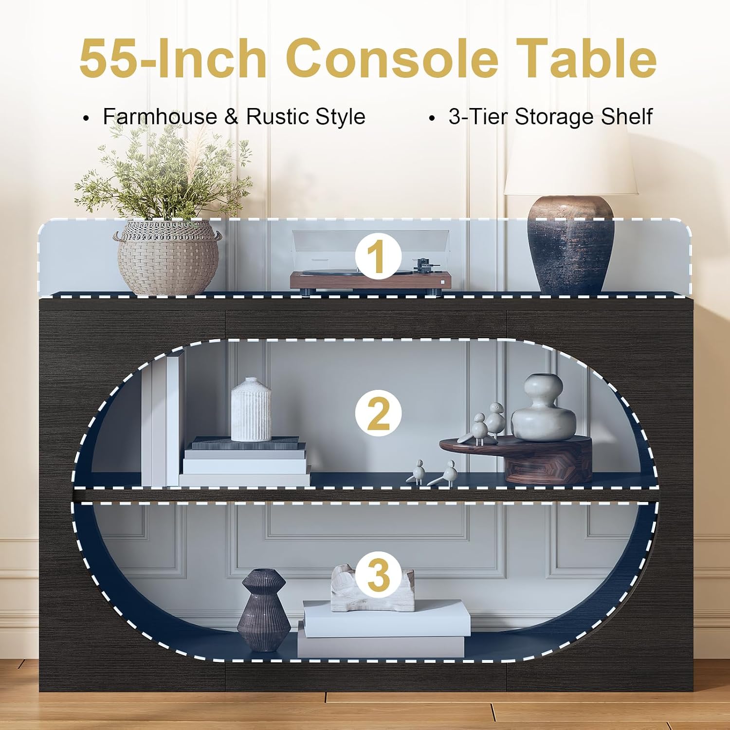 55-Inch Entryway Table with Storage, 3-Tier Console Tables, Behind Couch Table Wood Narrow Console Tables for Entryway, Living Room, Foyer, Hallway, Entry (Black)