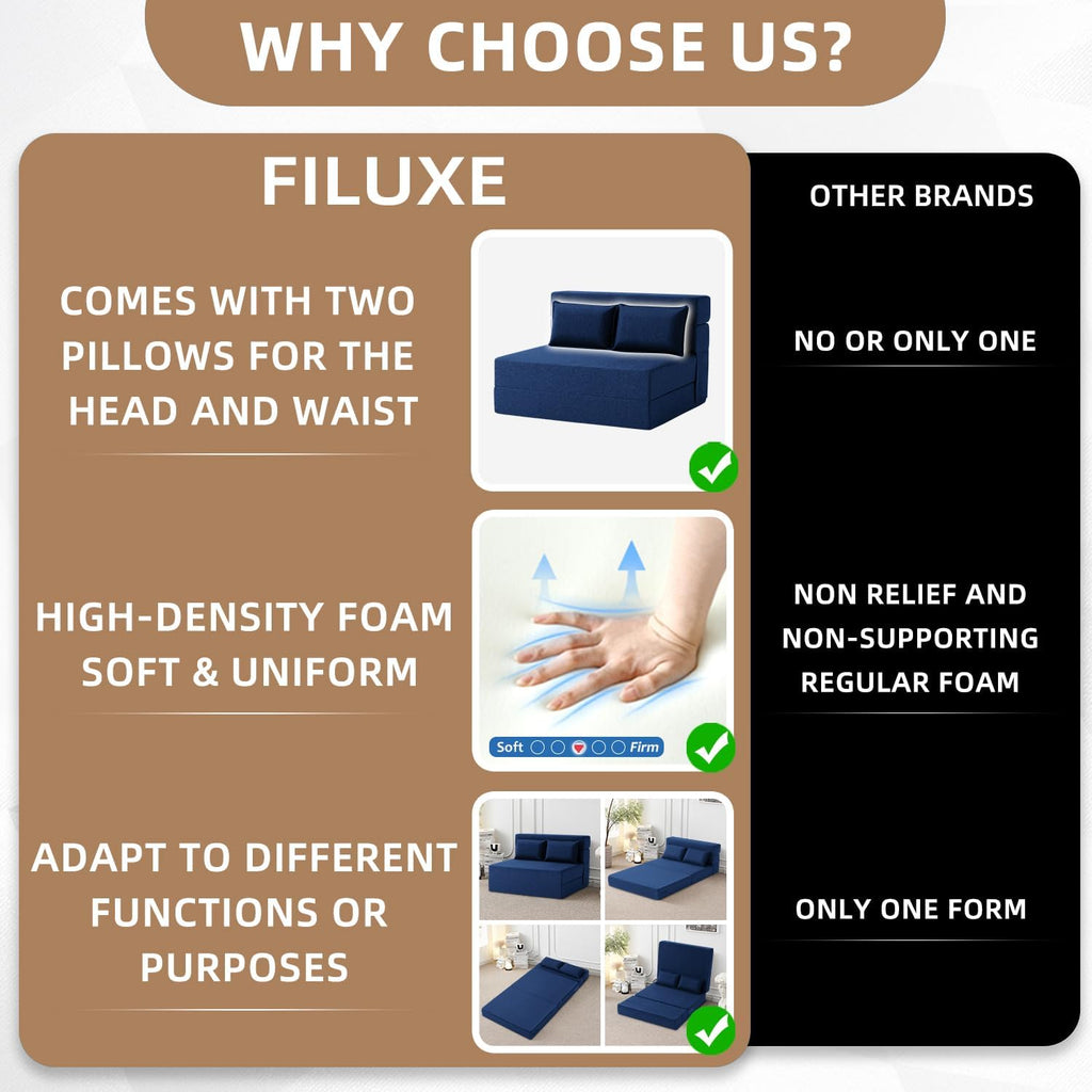 FILUXE Folding Sofa Bed | Convertible Sleeper Chair Bed for Adults, Fold Out Chair to Bed Linen Futon Chair with Pillow, for Home Dorm Apartment RV Living Room, Standard Size, Navy Blue