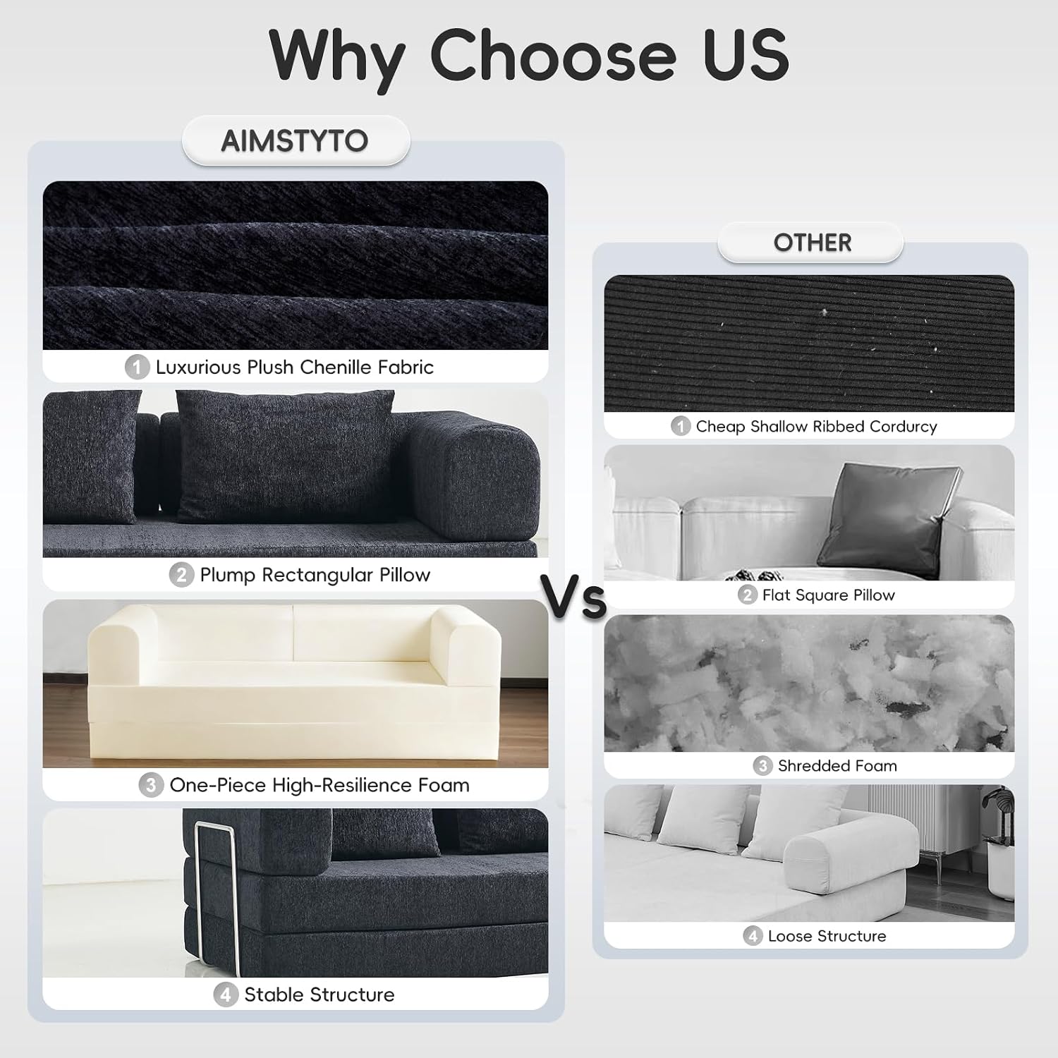 5-in-1 Convertible Folding Sofa Bed, 79' Queen Chenille Boneless Couch with Removable Armrests, No Assembly Loveseat Sleeper Sofa, Modular Futon Couch for Living Room & Bedroom (Black)