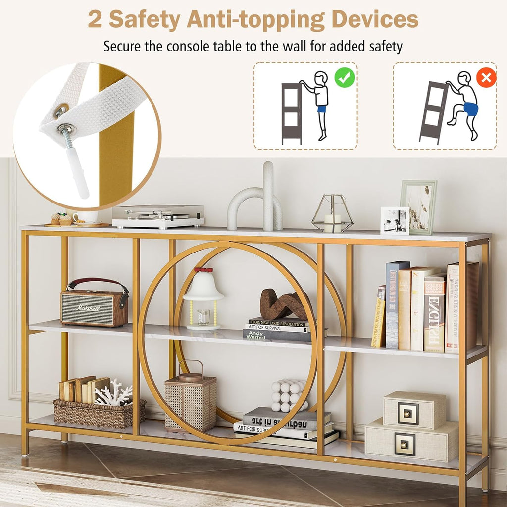 Giantex Narrow Long Console Table, 3-Tier Entryway Table with Faux Marble Top & Heavy-Duty Metal Frame, Mid-Century Accent Sofa Tables with Open Storage Shelves for Living Room, Hallway(White+Gold)