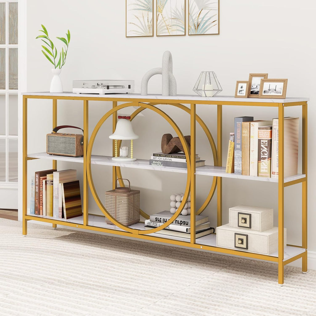 Giantex Narrow Long Console Table, 3-Tier Entryway Table with Faux Marble Top & Heavy-Duty Metal Frame, Mid-Century Accent Sofa Tables with Open Storage Shelves for Living Room, Hallway(White+Gold)