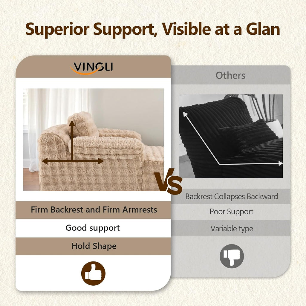 VINGLI Boneless Chaise Lounge Chair, Light Brown Oversized Reading Chair Upholstered Bubble Fleece Cloud Couch Sofa Recliner Bed Comfy Sleeper Sofa for Living Room, Movie Room, Bedroom