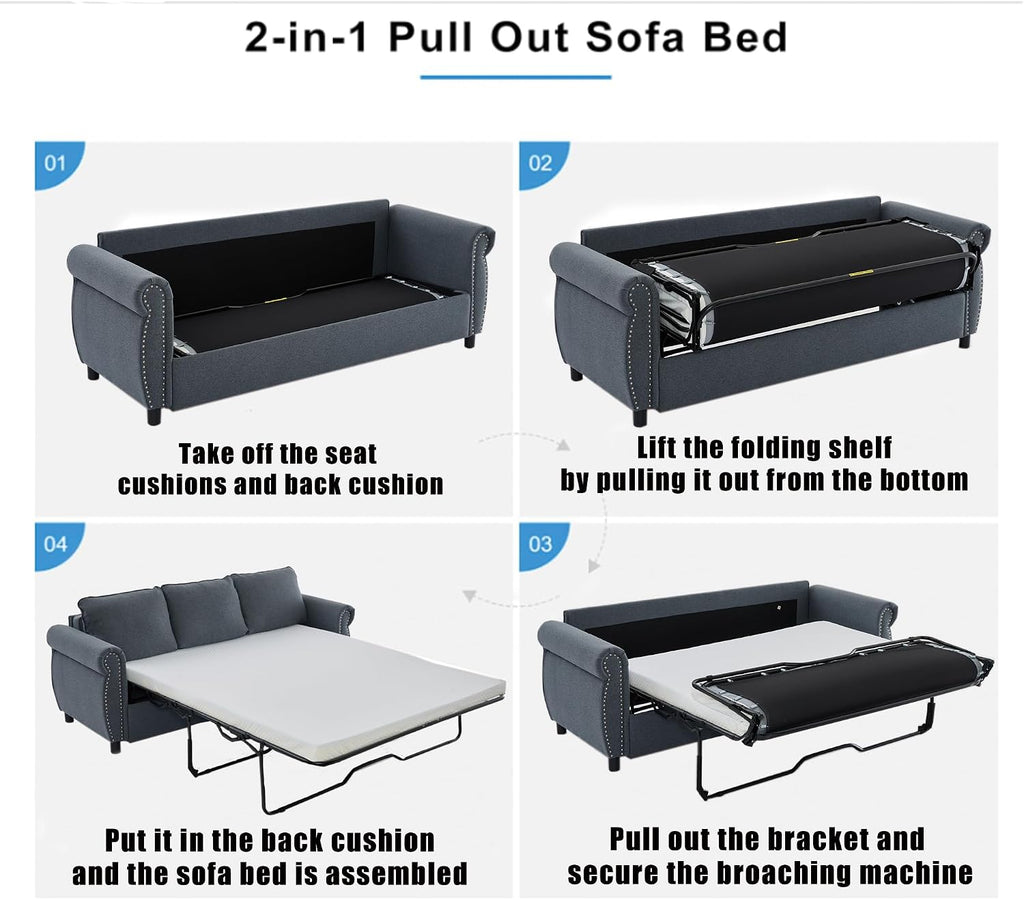 81.5'' Pull Out Couch Queen Size, Convertible Sleeper Sofa Bed, Upholstered Linen 3-Seater Sofa with Pull Out Bed, Mattress, Rivet, Deep Couches for Living Room, Apartment, Dark Grey
