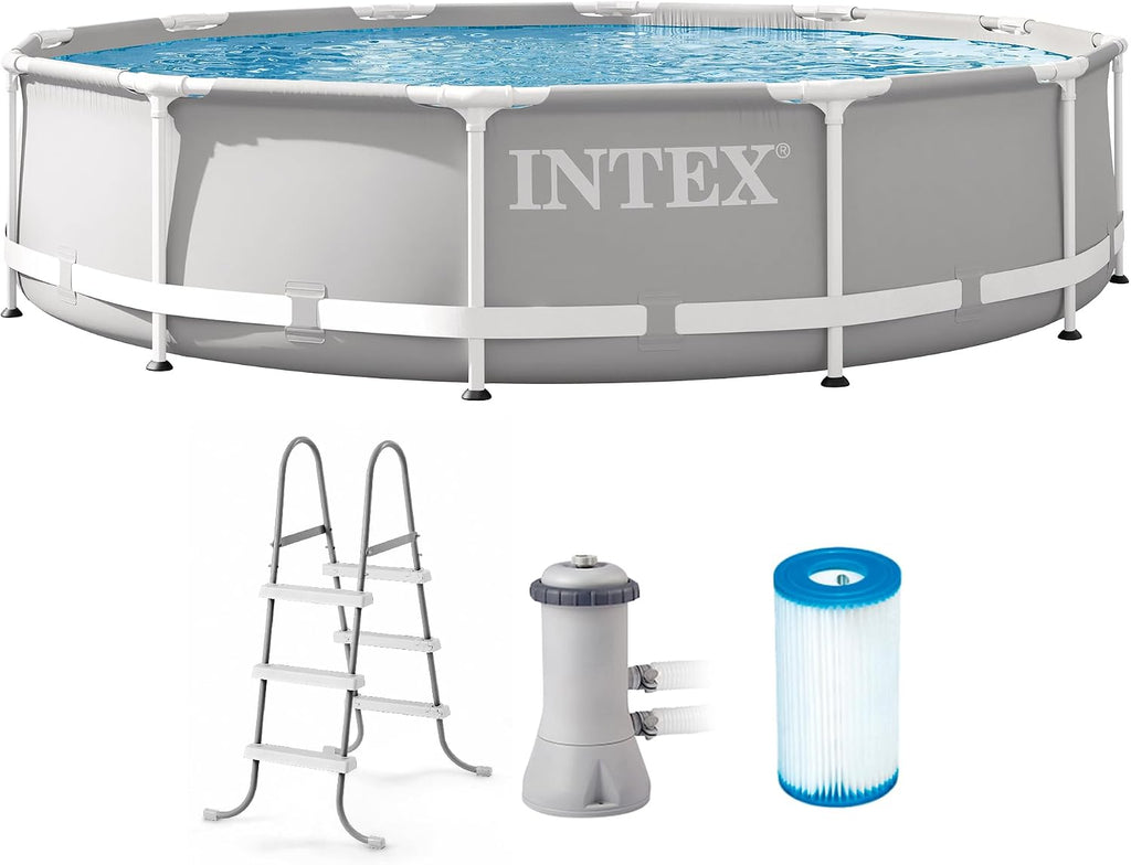 Intex Prism Frame 12 Foot x 30 Inch Round Above Ground Outdoor Swimming Pool Set for Backyards with 530 GPH Filter Pump and Steel Frame Pool Ladder