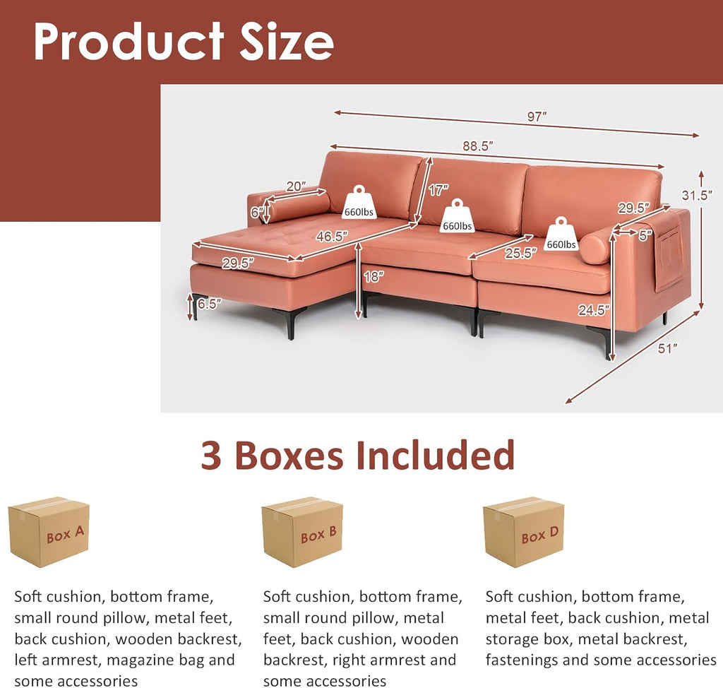 Giantex 97' Large Couch, 3 Seat Sectional Sofa Set, L-Shaped Modular Sleeper with Convertible Chaise Lounge, USB Ports, 3-Hole Socket, Storage Box, 2 Bolsters, Family Apartment Living Room