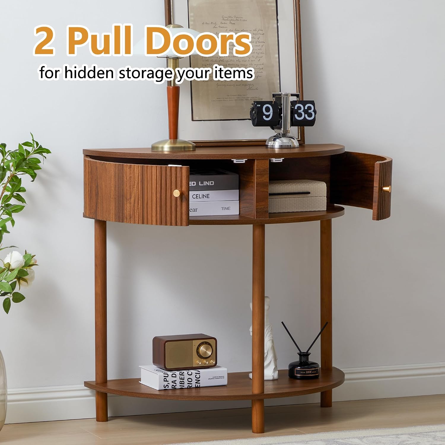 XUZENEST Fluted Half Moon Console Table, Modern Small Entry Sofa Table with Storage, Solid Wood Legs Narrow Entryway Table for Living Room, Hallway, Foyer(Walnut)