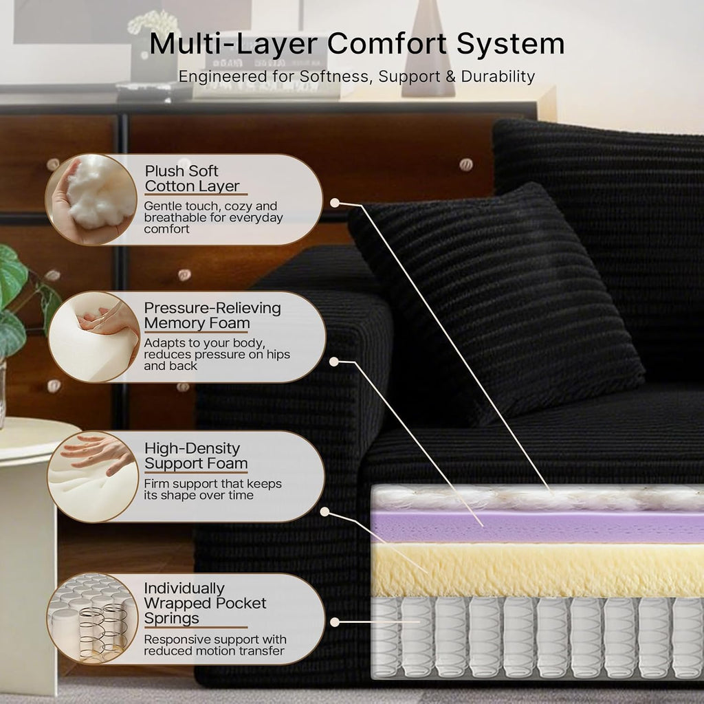 2-Seater Loveseat Sofa - Deep-Seat Corduroy No Assembly Lounge Sleeper, Frameless Foam Cloud Loveseat for Living Room, Bedroom, Apartment, Dorm, Office