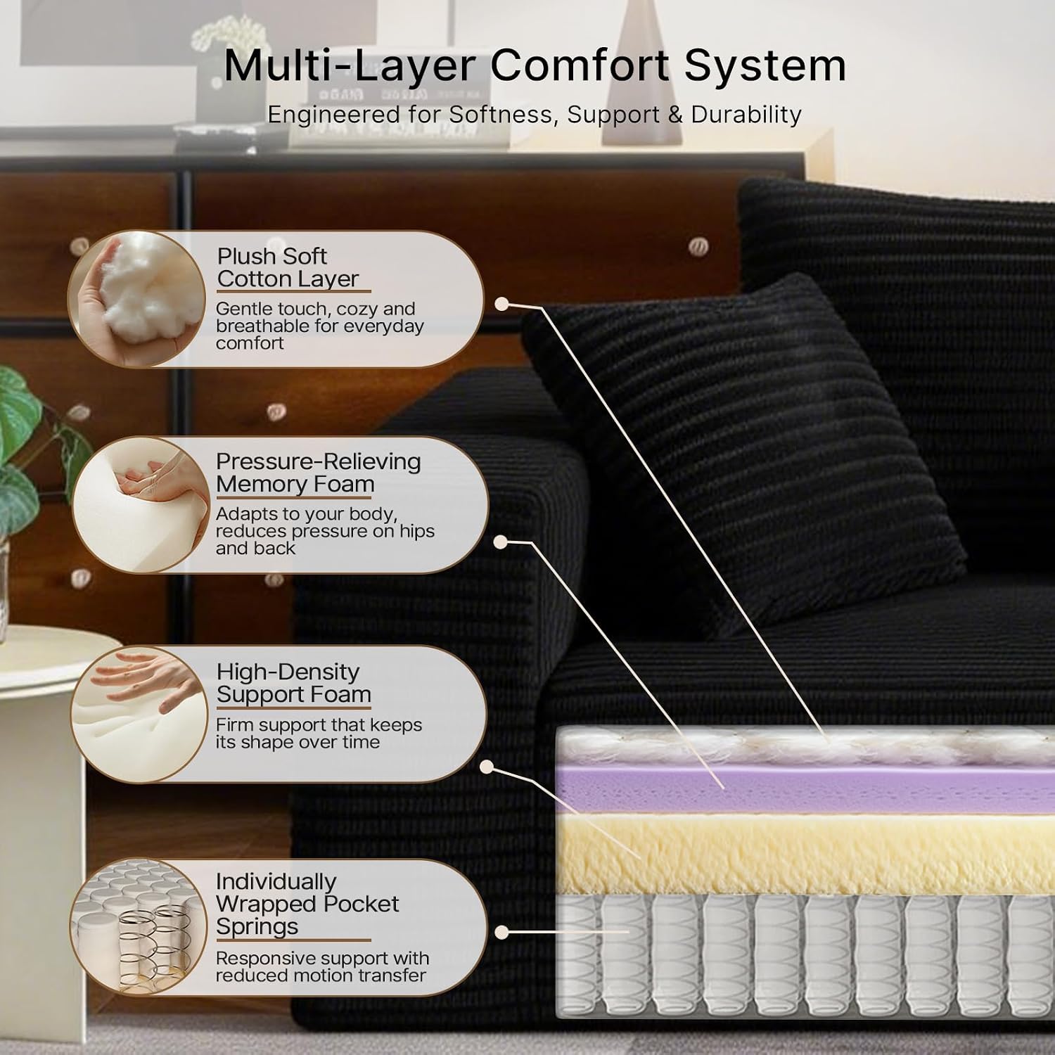 2-Seater Loveseat Sofa - Deep-Seat Corduroy No Assembly Lounge Sleeper, Frameless Foam Cloud Loveseat for Living Room, Bedroom, Apartment, Dorm, Office