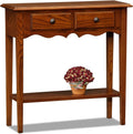 Leick Home Narrow Console Table with 2 Drawers and Bottom Shelf, Medium Oak Sofa Table for Entryway, Hallway, Living Room or Behind Couch, Solid Wood Slim Storage Accent Furniture, 9027-MED