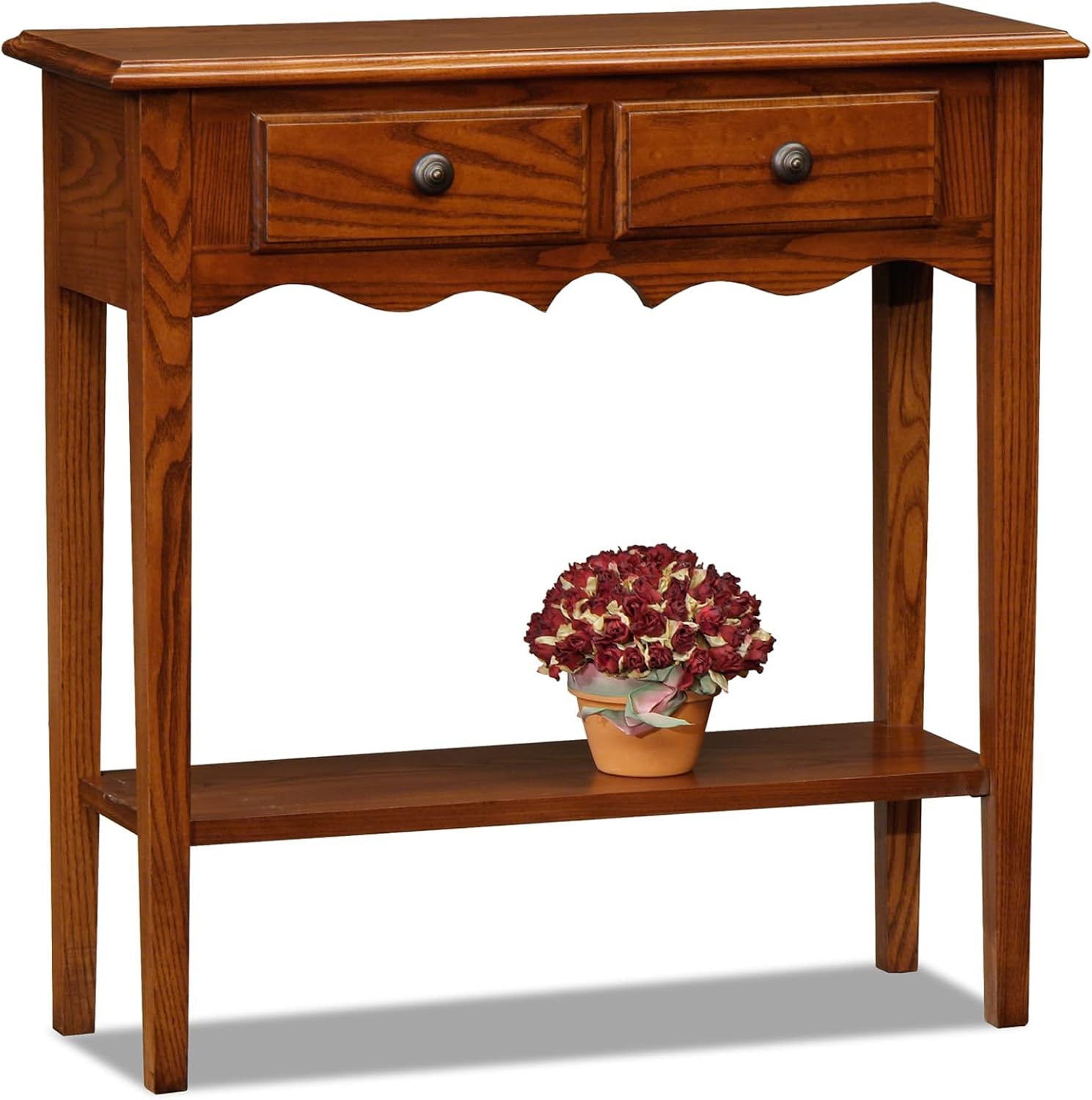 Leick Home Narrow Console Table with 2 Drawers and Bottom Shelf, Medium Oak Sofa Table for Entryway, Hallway, Living Room or Behind Couch, Solid Wood Slim Storage Accent Furniture, 9027-MED