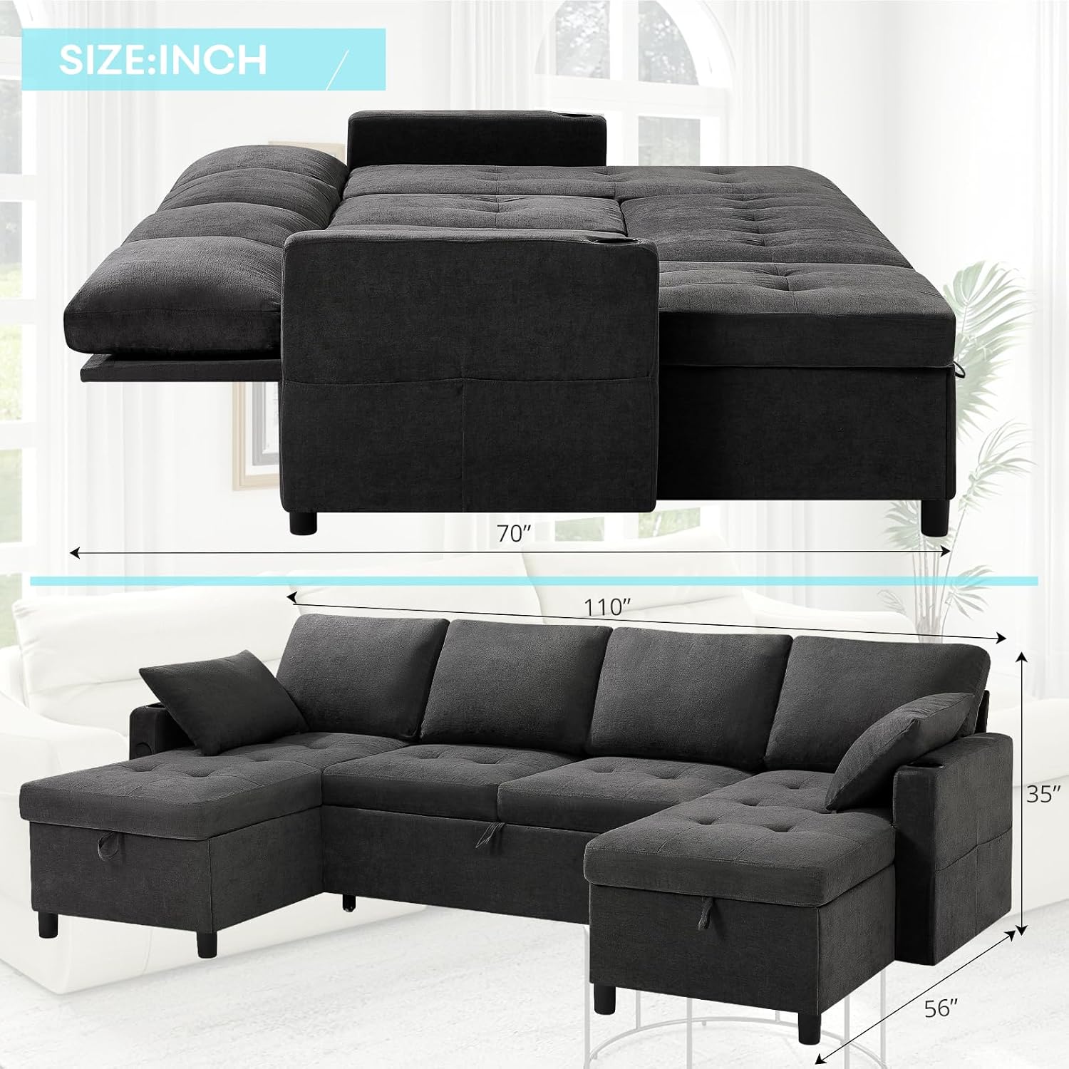 110' Fabric Pull-Out Couch Bed w/Adjustable Backrests, Sectional Sleeper Sofa w/USB Ports & 2 Cup Holders, Upholstered U-Shaped Couch w/Storage Chaise for Living Room, House, Grey