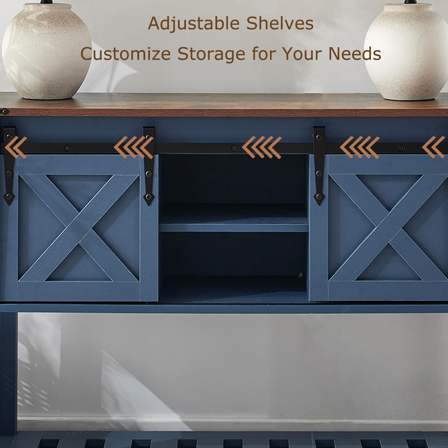 Farmhouse Entryway Table with Sliding Barn Doors, Wood Console Table with Storage Shelf, Rustic Sofa Table for Living Room, Entryway, Foyer, Blue