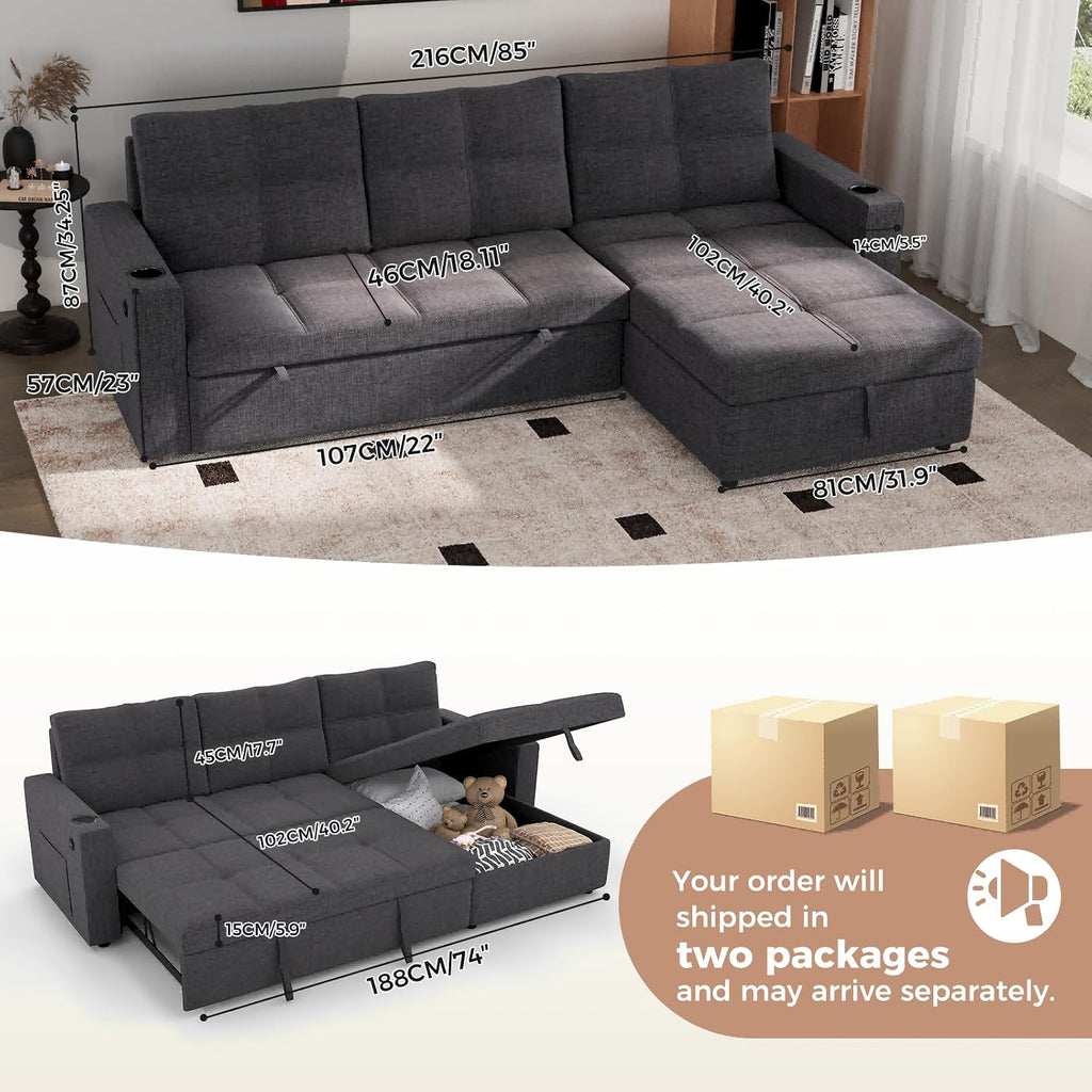 85 inch Sleeper Sofa Couch Bed with Storage Chaise,Pull Out Couch with USB Charging,Side Pockets,Convertible Sectional Sofa for Living Room,Apartment,Small Spaces,Dark Grey