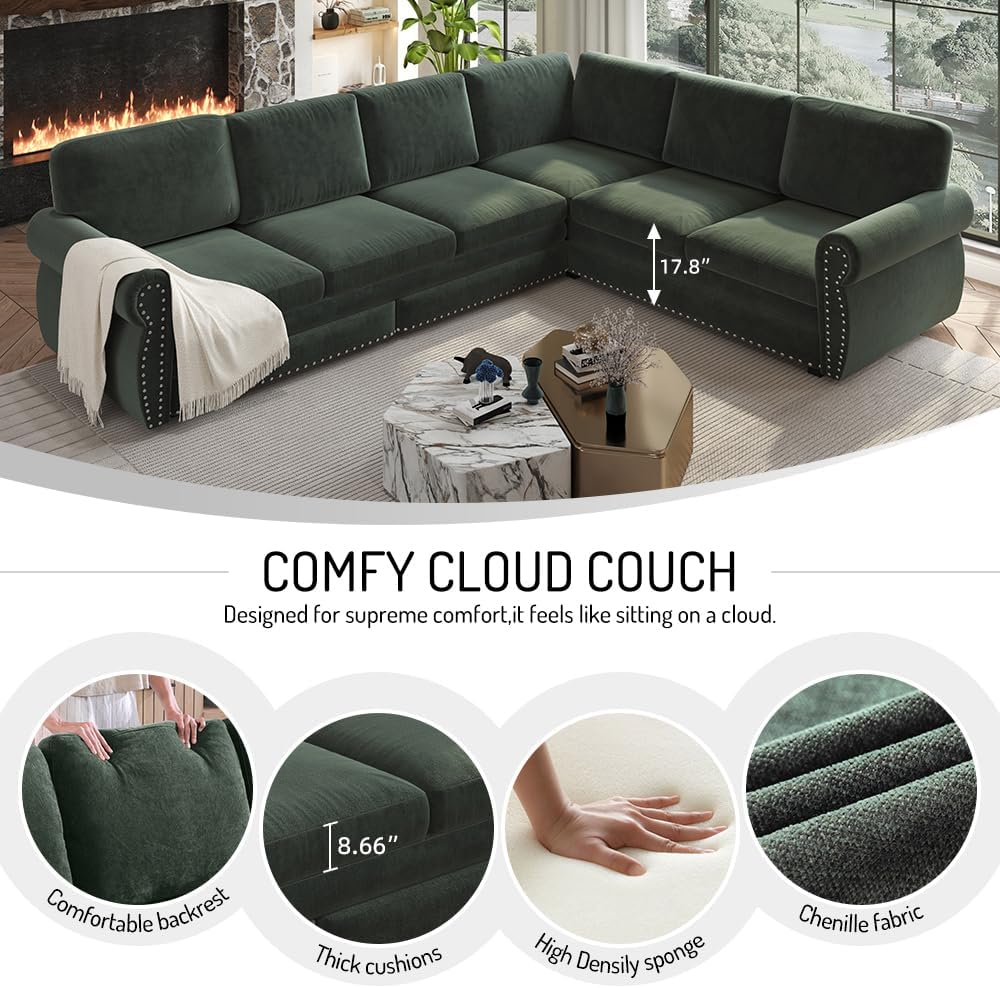 118'' Pull Out Couch, Convertible Sleeper Sofa Bed, Upholstered Sectional Sofa, Chenille L-Shaped Couch with Nailhead Trim, 6-Seater Modern Sectional Couches for Living Room, Apartment, Green