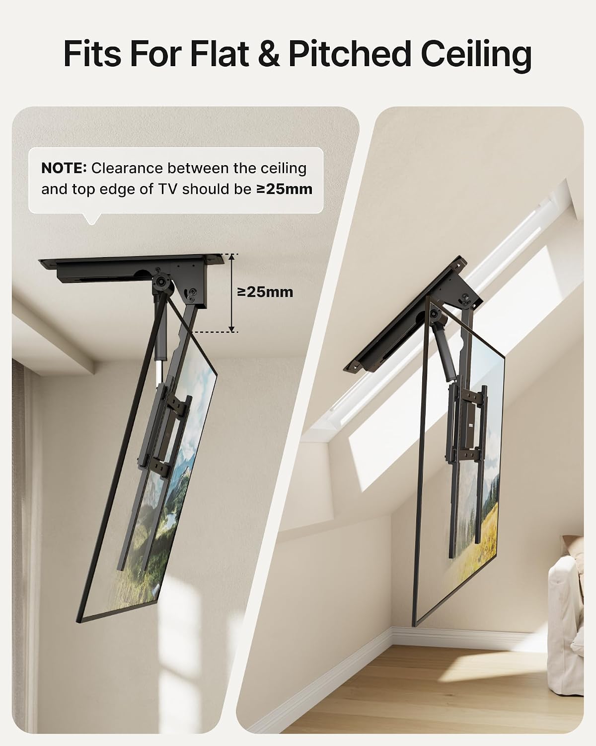 monTEK Motorized Ceiling TV Mount for 32-75 Inch TVs up to 121lbs, Heavy-Duty Electric Flip Down Ceiling Mount, Off-Center TV Compatible, Remote/App/Voice Control, Fits Flat & Pitched Roof