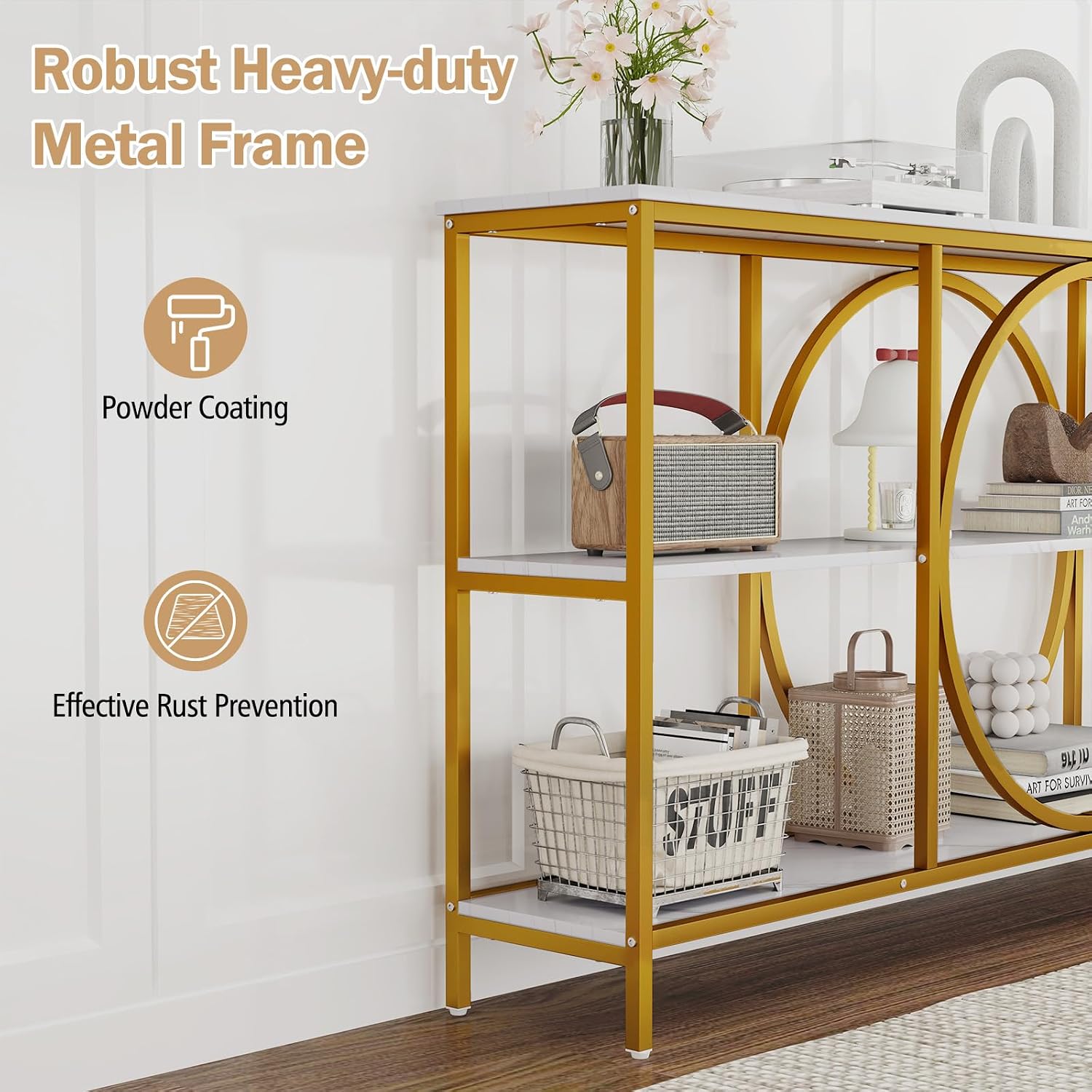 Giantex Narrow Long Console Table, 3-Tier Entryway Table with Faux Marble Top & Heavy-Duty Metal Frame, Mid-Century Accent Sofa Tables with Open Storage Shelves for Living Room, Hallway(White+Gold)