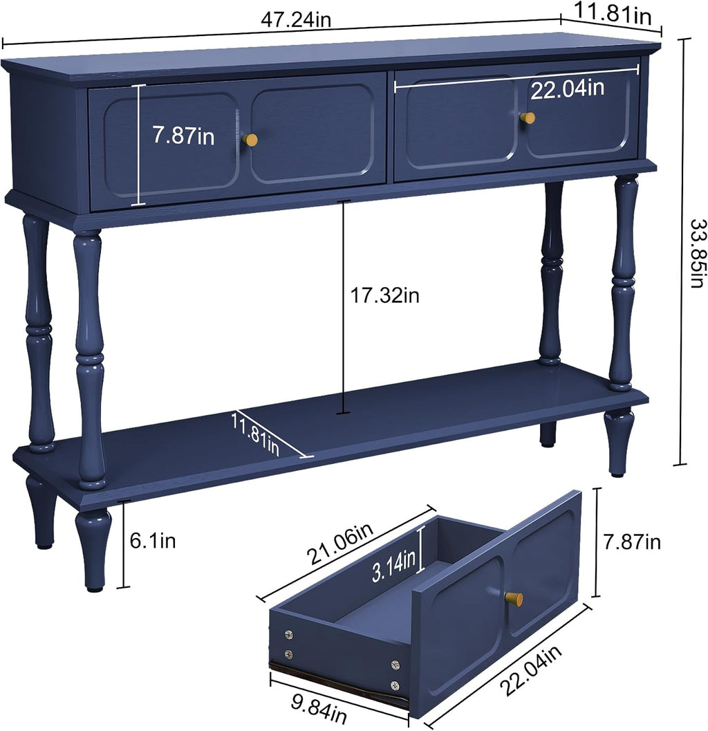 ARTPOWER Console Table with Drawers for Entryway, Mid-Century Entryway Table with Storage, Blue Narrow Entryway Table with Open Shelf Behind Sofa for Living Room, Foyer, Hallway