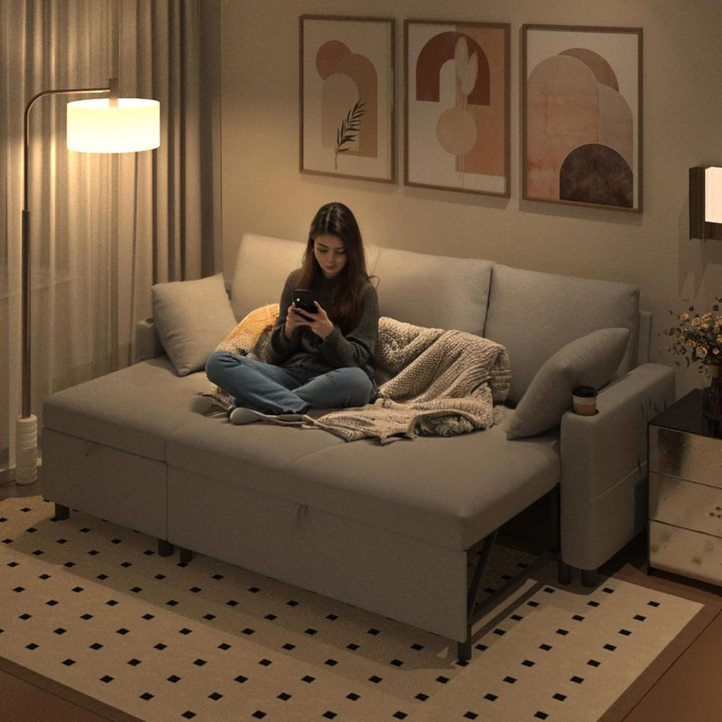 Esright 84'' Sleeper Sofa Bed, L Shaped Sectional Convertible Pull Out Couch with Storage Chaise for Living Room, Sleeper Sofa Couch with Pullout Bed, USB, Cup Holder, Side Pocket(Light Gray, Linen)