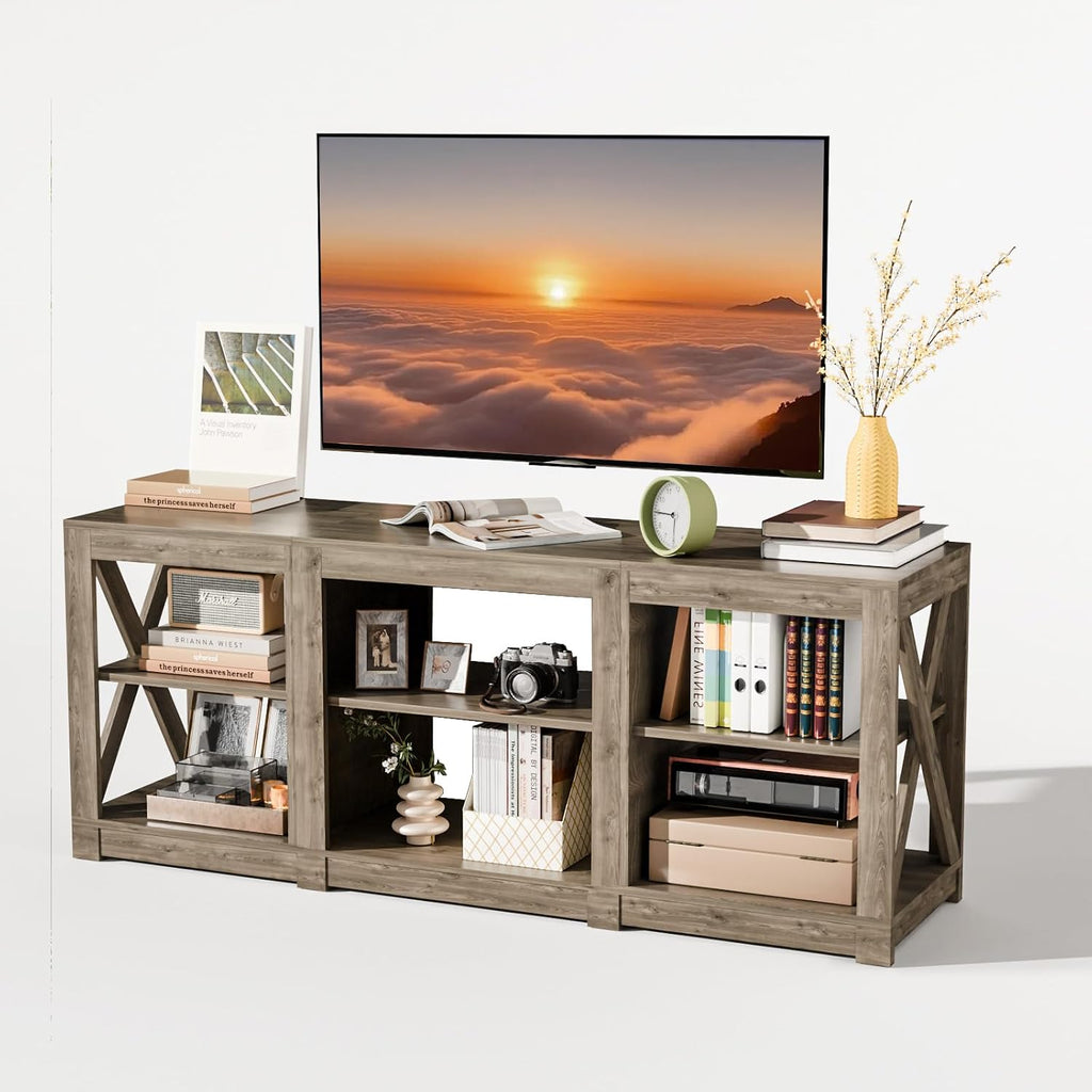 Bonnlo Farmhouse TV Stand for 70 Inch TV, Entertainment Center with Storage Cabinets & Adjustable Shelves, Mid Century Modern Media Console Table for Living Room Bedroom, Gray Oak