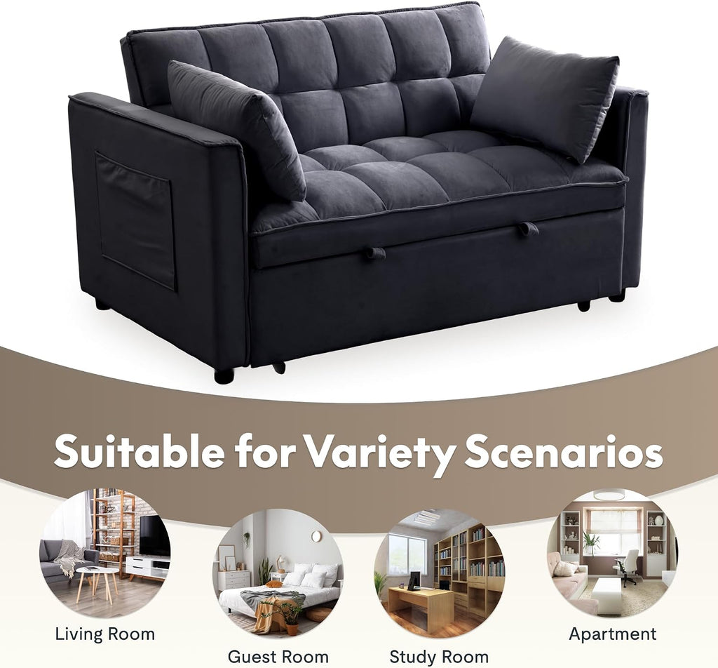 FLEXISPOT XCT4 Pull Out Couch, 3-in-1 Loveseat Sleeper Sofa Bed with Adjustable Backrest, Pillows, Side Pockets, Convertible Futon Sofa for Small Spaces, Apartment, Dorm, Guest Room, Black