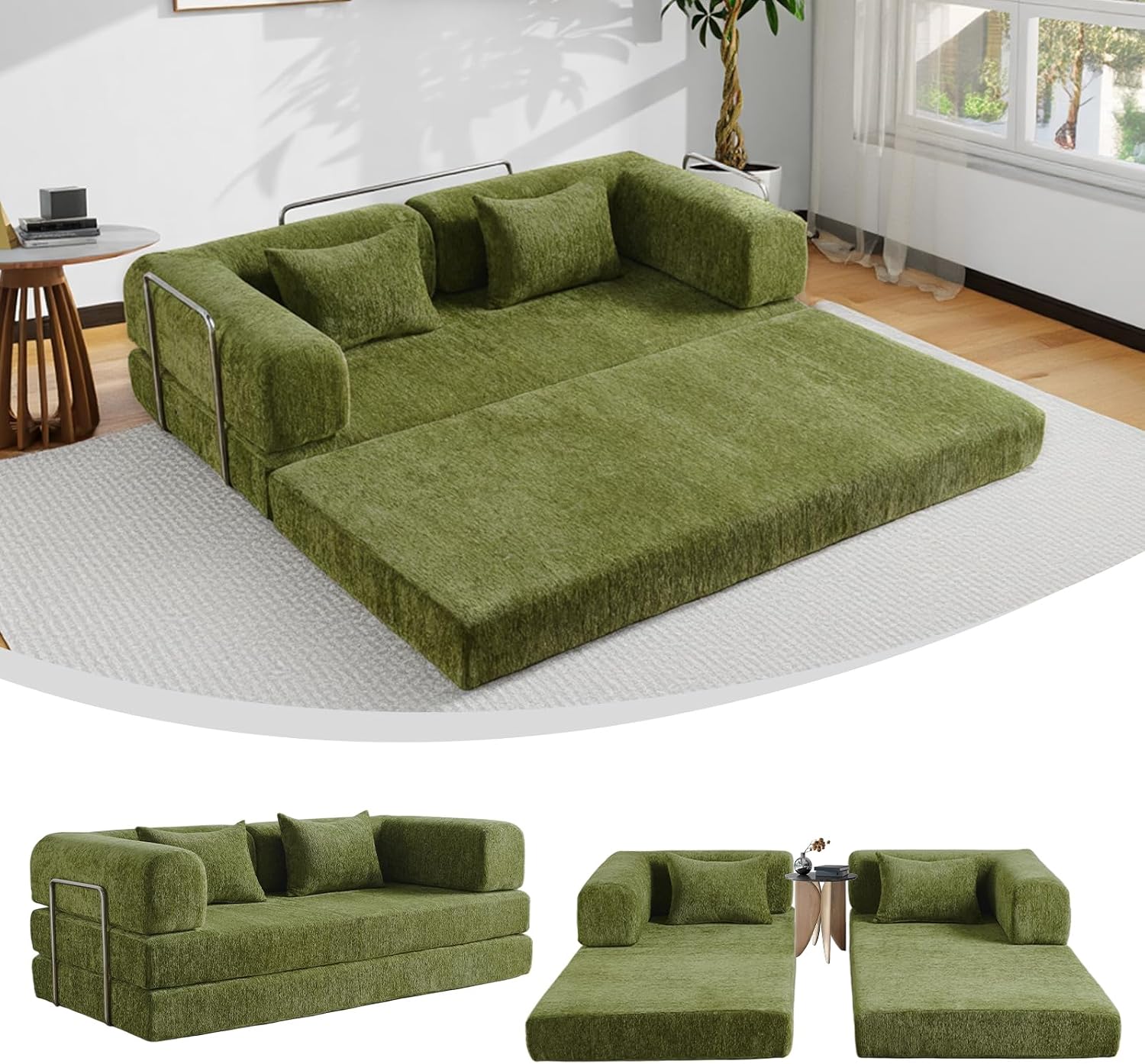 5-in-1 Convertible Folding Sofa Bed, 79' Queen Chenille Boneless Couch with Removable Armrests, No Assembly Loveseat Sleeper Sofa, Modular Futon Couch for Living Room & Bedroom, Green