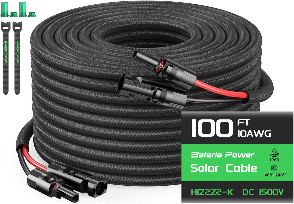 Bateria Power 10AWG 100FT Solar Panel Extension Cable, Flame Retardant Protective Sleeving, Twin Wire 10 Gauge Solar Cable with IP68 Female & Male Waterproof Connectors, Dust Caps for Home, RV