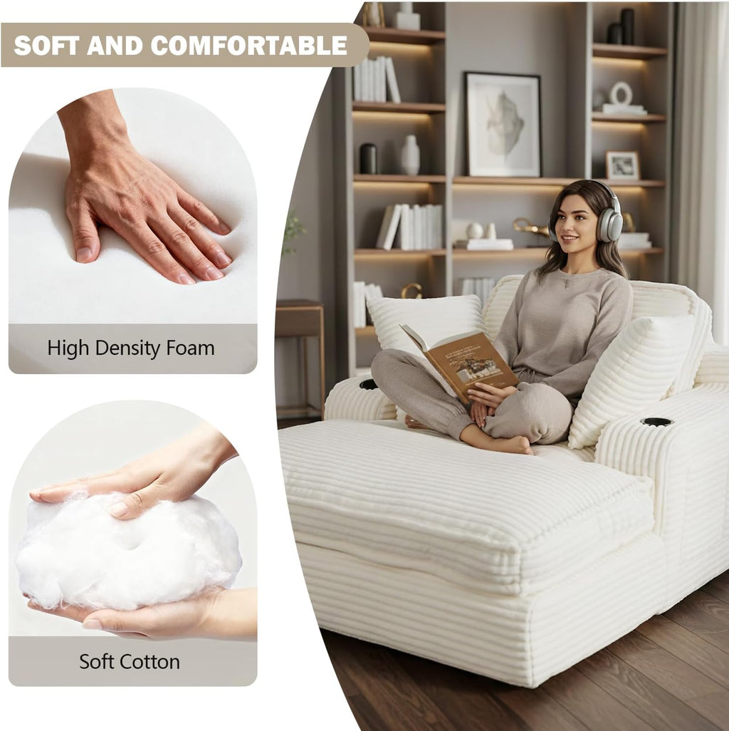 67' Oversized Chaise Lounge Chair Indoor, Soft Boneless Cloud Couch with 3 Pillows, 4 Side Pockets and 2 Cup Holders, Comfy Corduroy Sleeper Couch for Living Room Bedroom