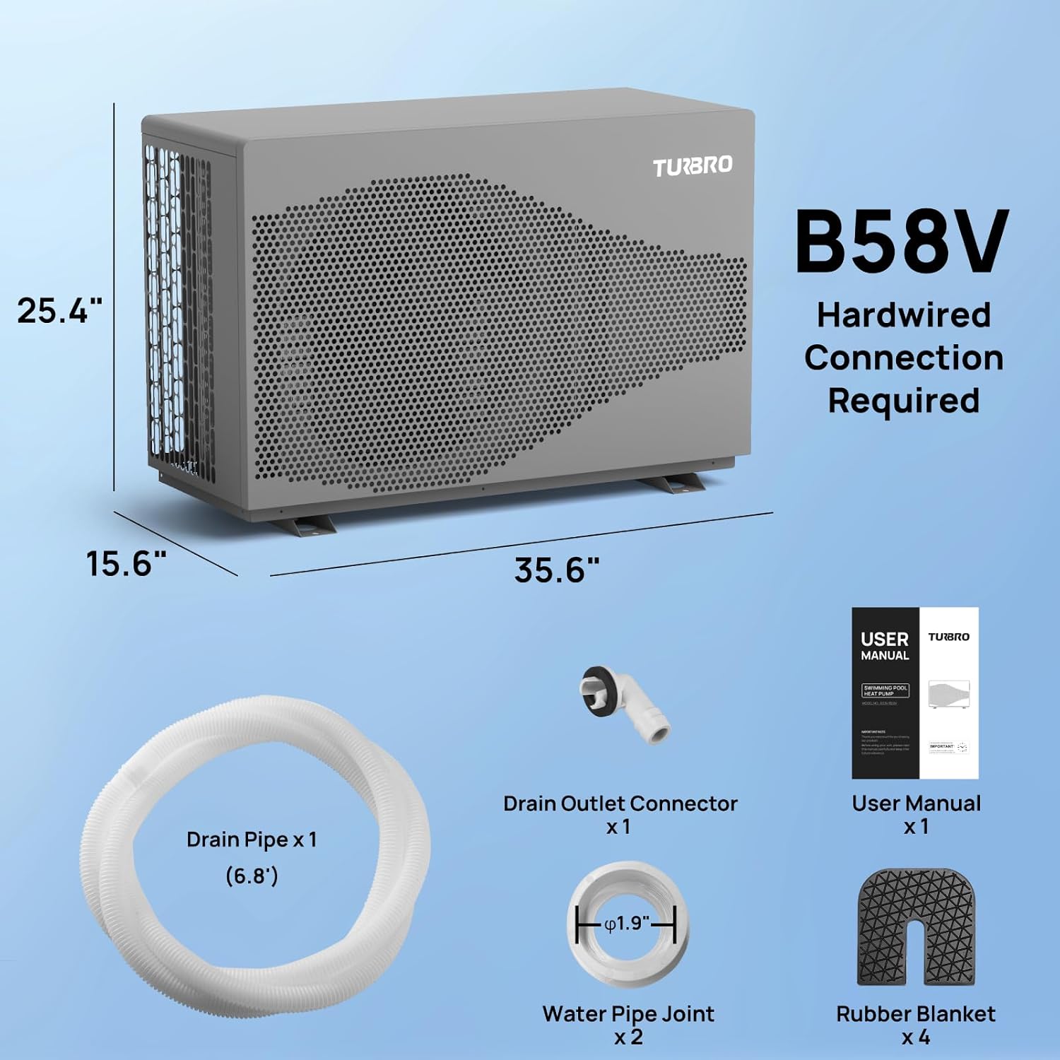 TURBRO 58,000 BTU Inverter Swimming Pool Heat Pump, Up to 18,000 Gallons, Up to 15.8 COP, Smart WiFi Control, Heating & Cooling for Inground and Above Ground Pools, 220-240V, Beluga B58V