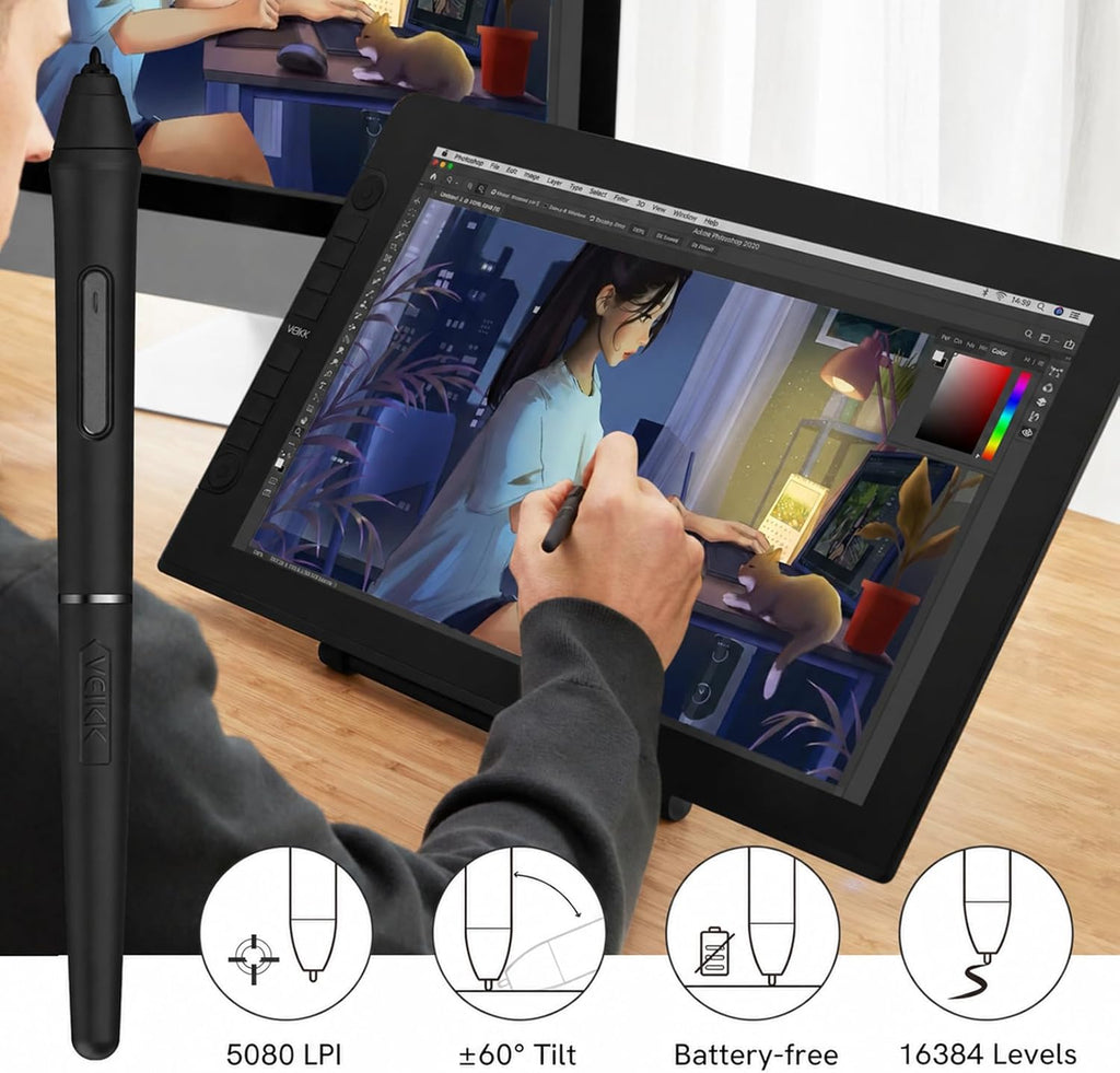 VEIKK VK2200PRO 21.5 Inch Drawing Tablet with Screen,99% sRGB Graphics Tablet,16384 Levels Pen Pressure Drawing Pad for PC,Adjustable Stand,2 Battery-Free Stylus,Compatible with Windows Mac Linux