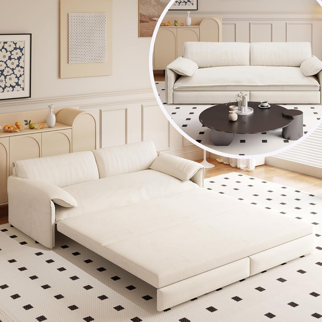 66'' Velvet Queen Size Pull Out Sofa Bed, 3-in-1 Convertible Loveseat Sleeper Sofa with Armrest for Living Room, Apartment, Space Saving, Beige