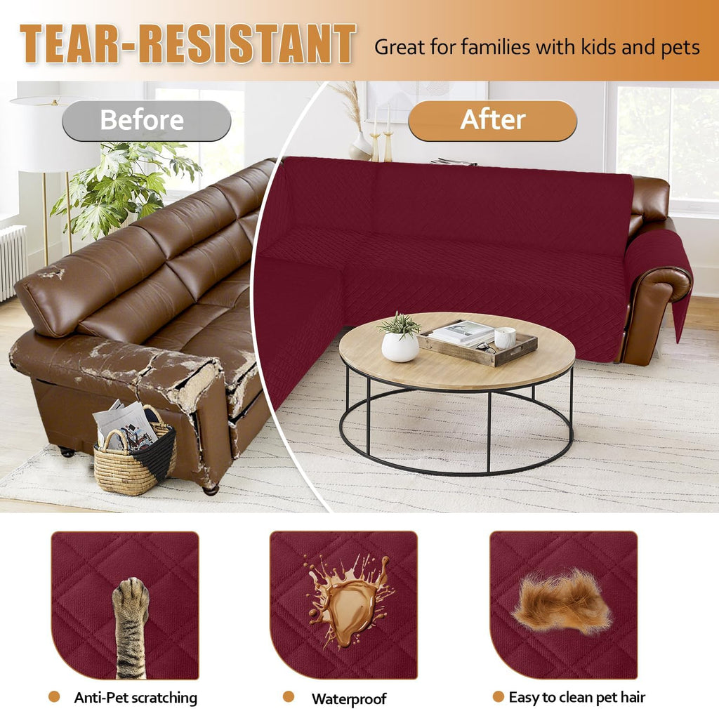 Arfntevss Waterproof Sectional Couch Covers L Shape Washable Velvet Sofa Cover for Sectional Non Slip Large Corner Slipcovers Dog 6 Pcs Universal U Shaped Furniture Protector (Burgundy, X-Large)