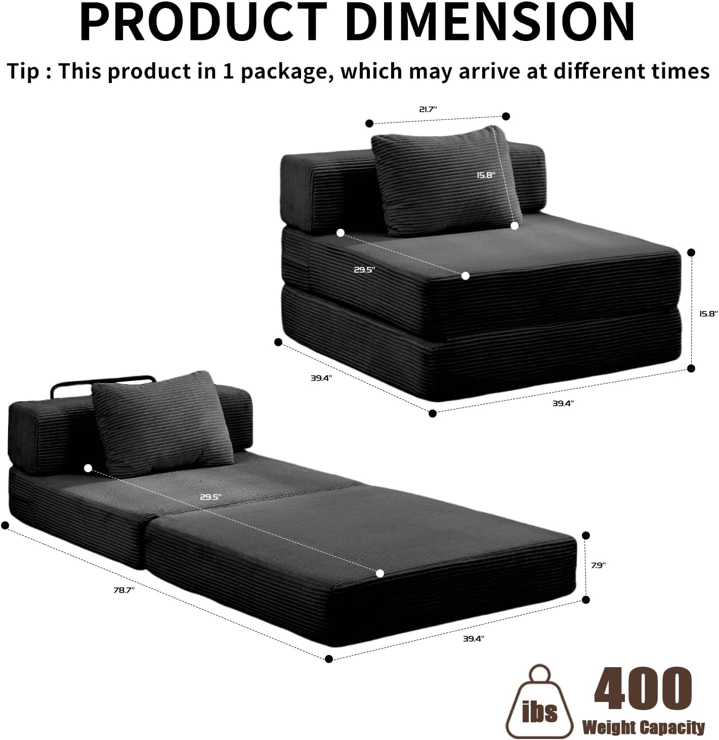 Folding Sofa Bed, Convertible Sleeper Chair with Pillow, Single Sofa with Back Support, Portable Fold Out Chair Cloud Couch Bed, Comfy Floor Sofa Lounge for Living Room Bedroom, Black