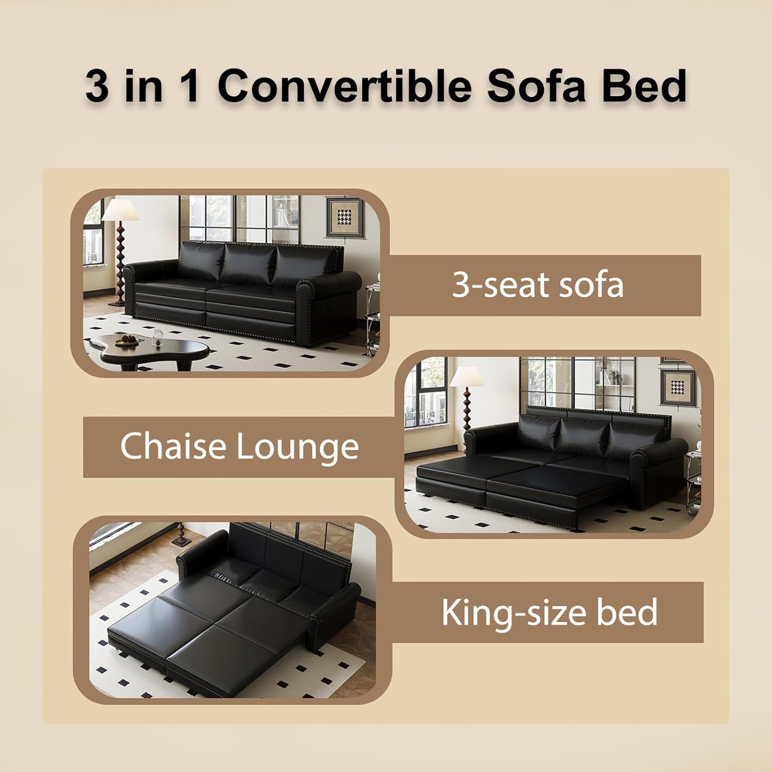 Faux Leather Sleeper Sofa Couch with Pullout Bed, 93.7' King Size Sleeper Sofa Bed, 3 in 1 Convertible Sofa Bed with Nailhead Trim & Rolled Arm for Living Room Bedroom Office (Black)