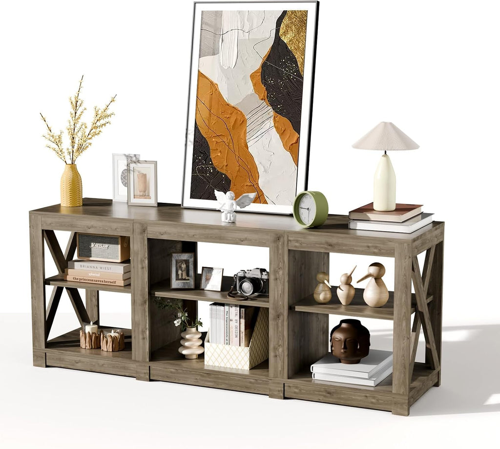 Bonnlo Farmhouse TV Stand for 70 Inch TV, Entertainment Center with Storage Cabinets & Adjustable Shelves, Mid Century Modern Media Console Table for Living Room Bedroom, Gray Oak