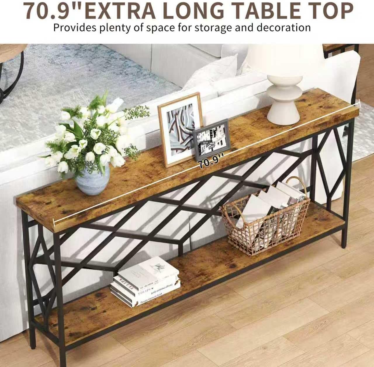 karlott 71' Extra Long Entryway Table, Narrow Console Table, Industrial Sofa Behind Couch Table with Open Storage Shelf, Hallway Table for Entryway, Living Room, Foyer, Entrance, Unique Design, Brown
