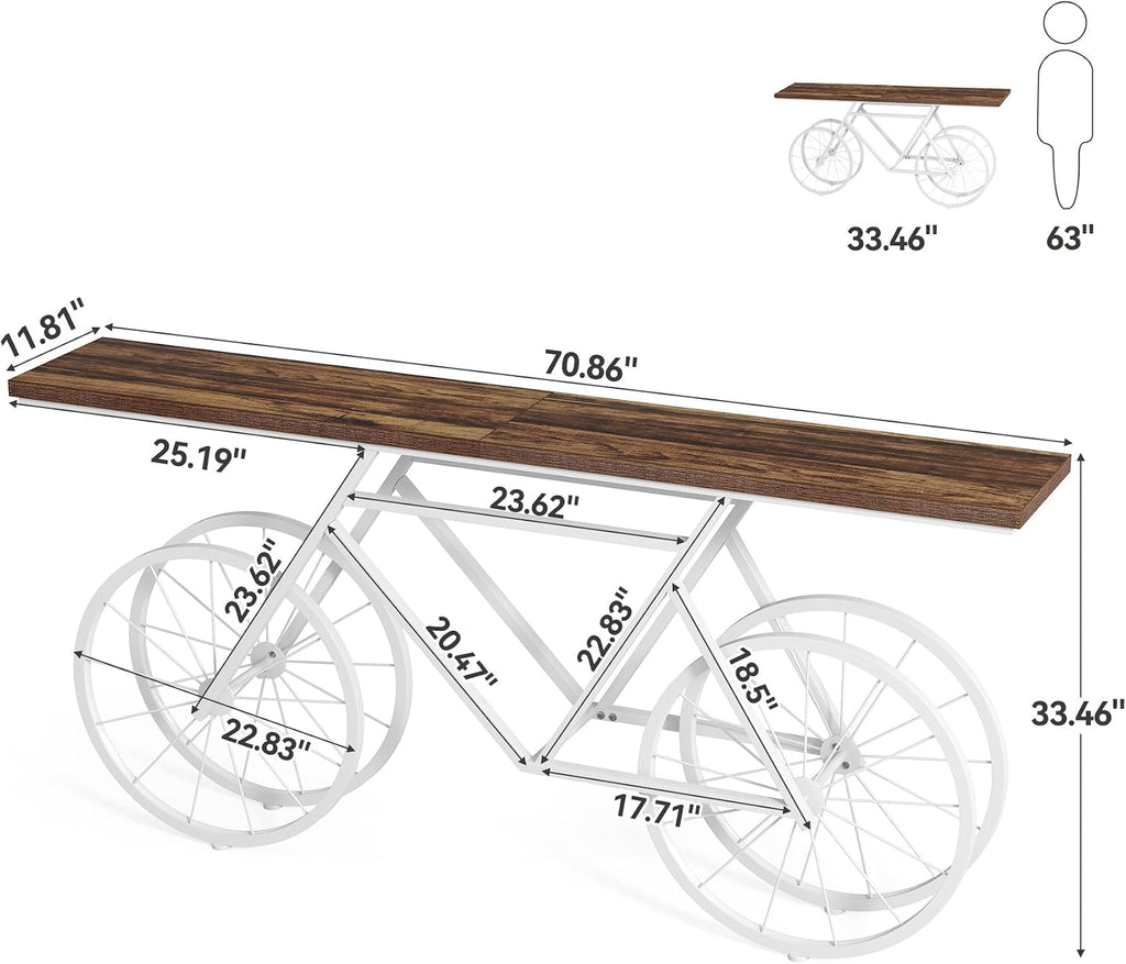 LITTLE TREE Narrow Sofa Table, 70.9-Inch Extra Long Console Table for Living Room, Entryway, with Unique Bicycle Metal Base. White and Brown