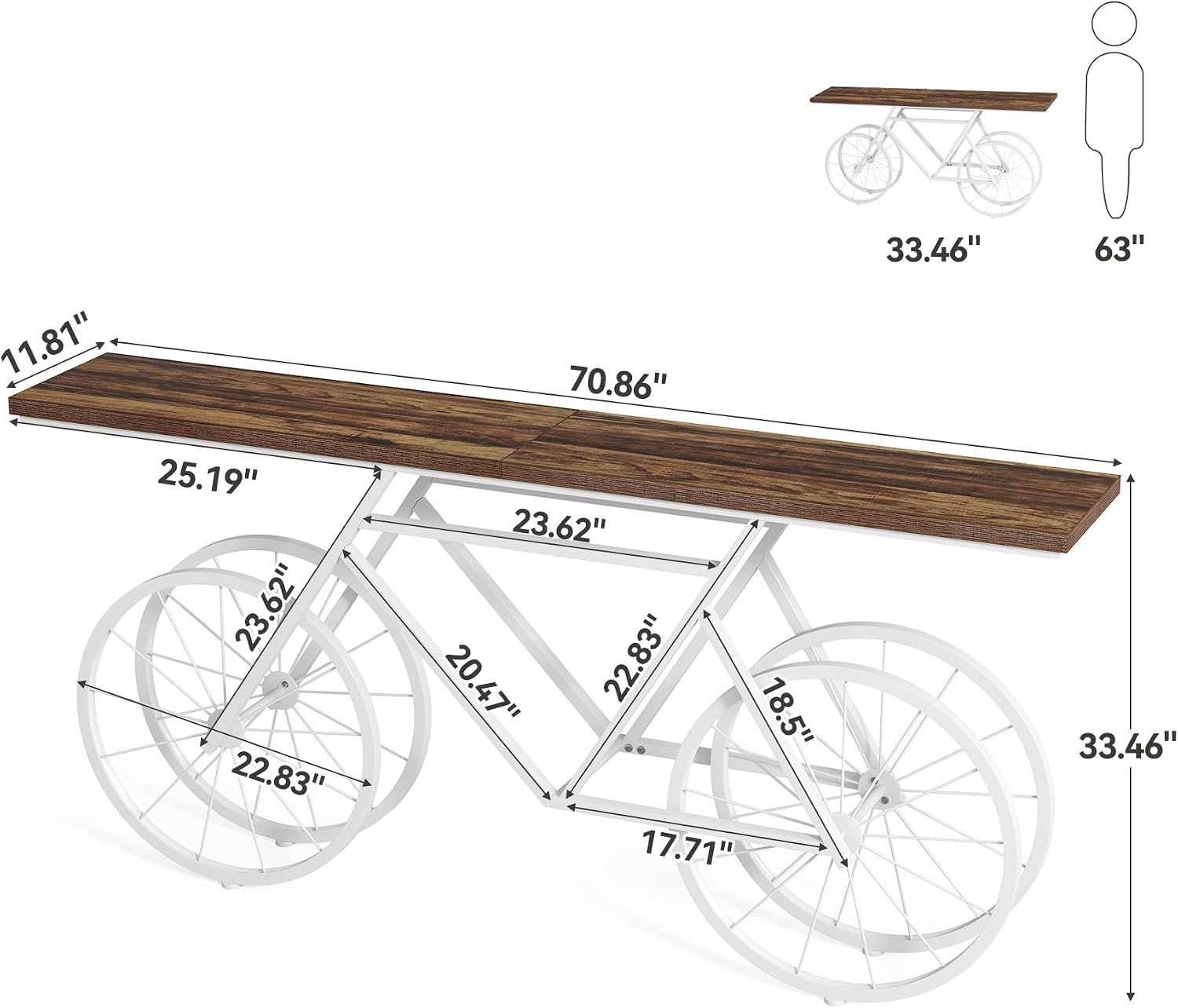 LITTLE TREE Narrow Sofa Table, 70.9-Inch Extra Long Console Table for Living Room, Entryway, with Unique Bicycle Metal Base. White and Brown