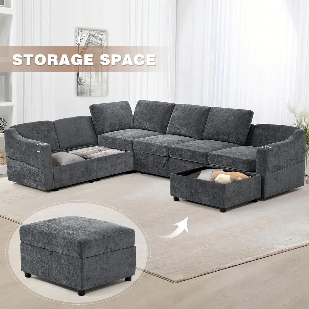 116' Chenille Modular Sofa Bed w/Adjustable Backrests, U-Shape Sleeper Sofa w/USB Ports & Storage Space, Convertible Corner Sectional Couch w/Pull Out Bed for House, Living Room, Grey