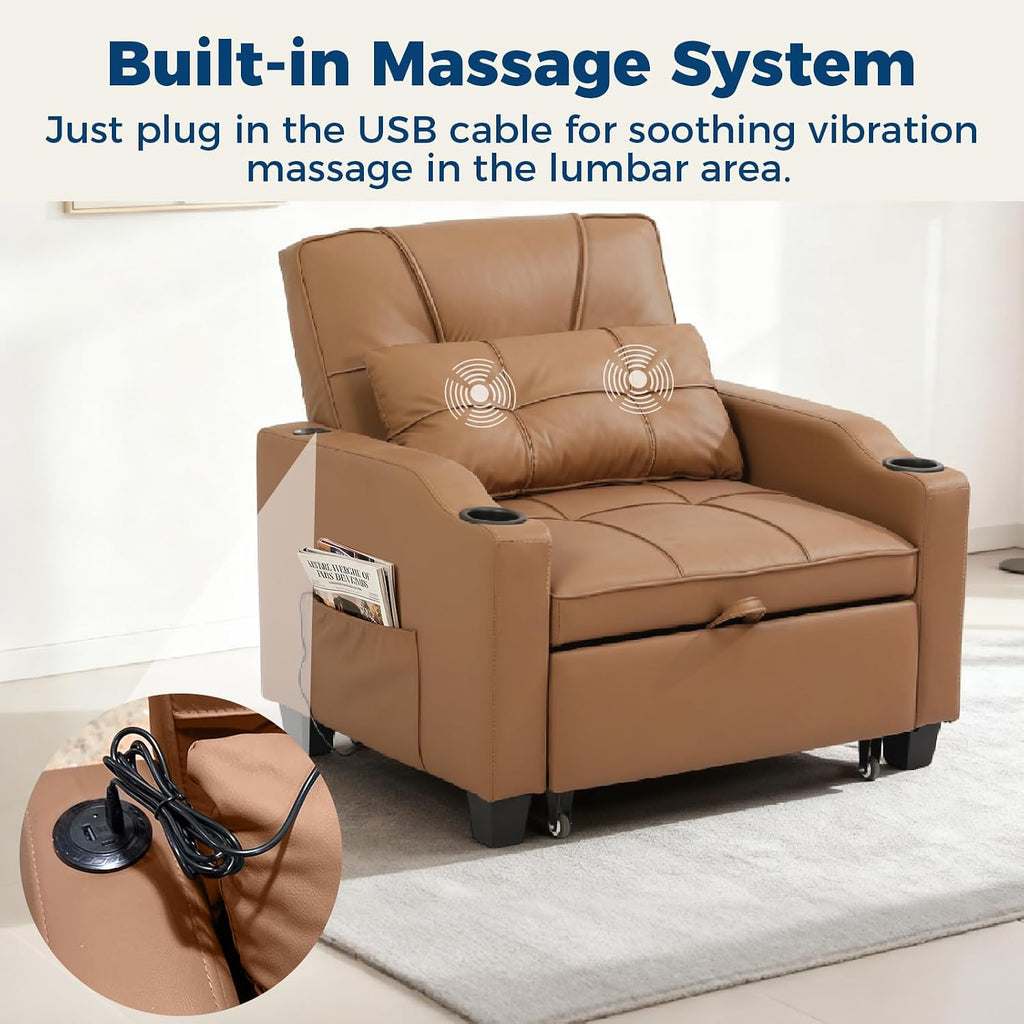 Sleeper Chair Pull Out Bed, 4 in 1 Convertible Sofa Chair Bed with Vibration Massage Lumbar Pillow, Single Sofa Recliner with USB/Type-C Port, Cup Holders and Side Pocket for Small Spaces (Brown)