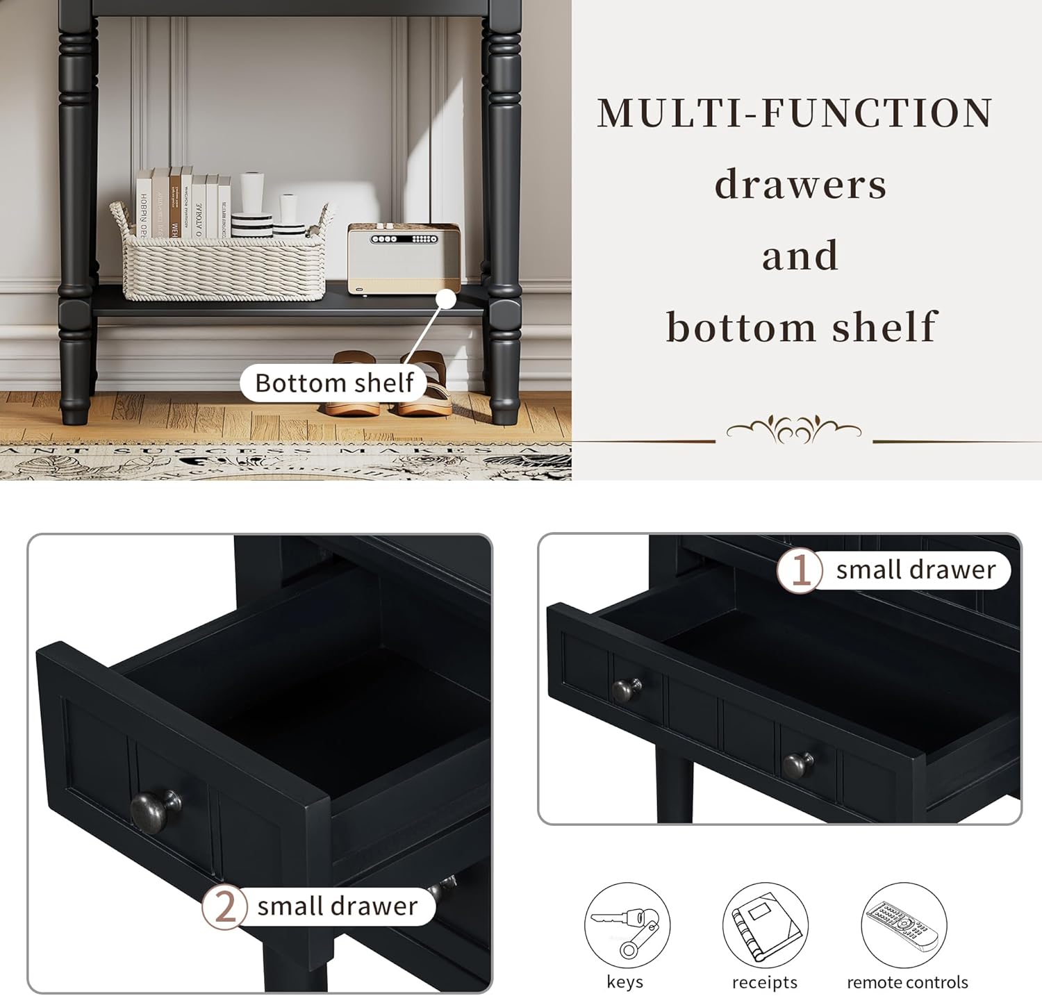 Merax Narrow Console Table, Elegant Slim Entryway Table Sofa Table with Three Storage Drawers and Bottom Shelf for Entryway for Hallway, and Living Room (Black)