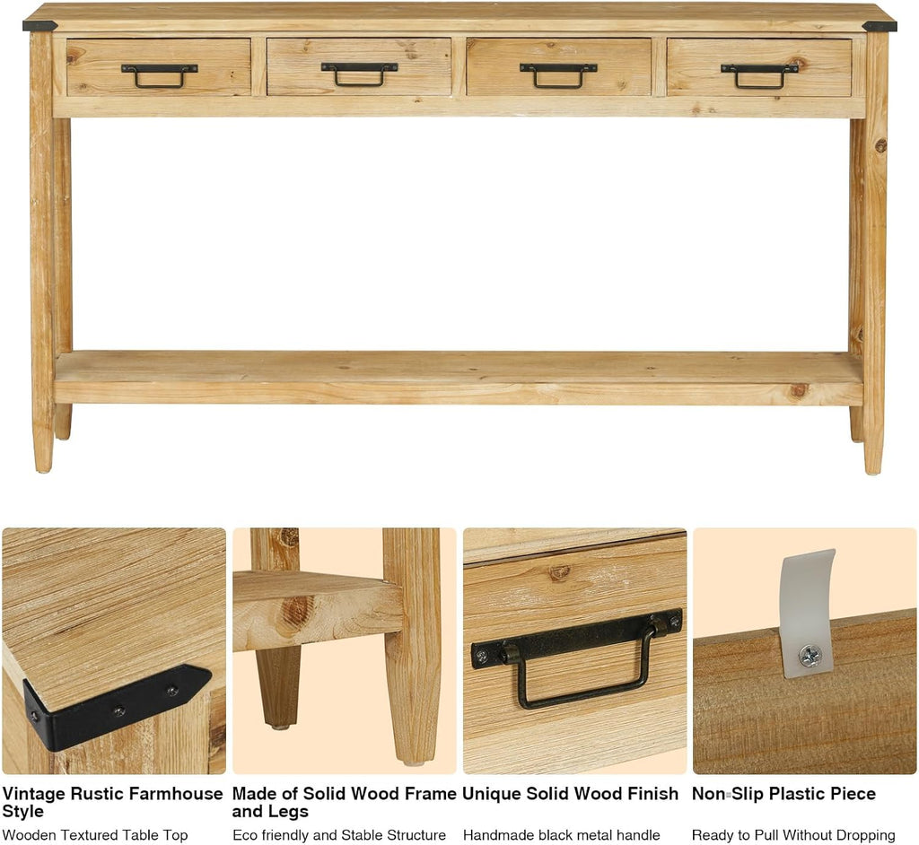 RUSTOWN Farmhouse Console Table with 4 Drawer, 60' Long Rustic Entryway Table with Open Storage Shelves and Handmade Metal Handle, Narrow Foyer Sofa Table for Living Room, Entryway, Hallway(Natural)