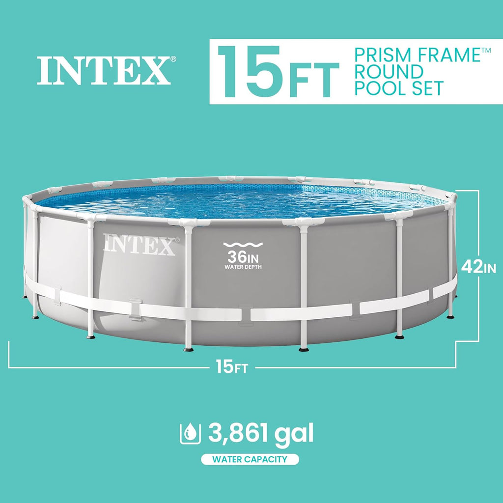 Intex 26723EH Prism Frame Premium Above Ground Swimming Pool Set: 15ft x 42in – Includes 1000 GPH Cartridge Filter Pump – Removable Ladder – Pool Cover – Ground Cloth