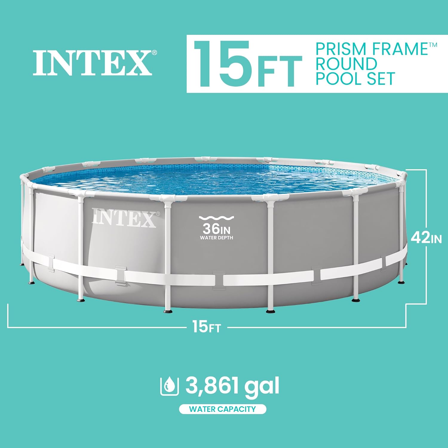 Intex 26723EH Prism Frame Premium Above Ground Swimming Pool Set: 15ft x 42in – Includes 1000 GPH Cartridge Filter Pump – Removable Ladder – Pool Cover – Ground Cloth
