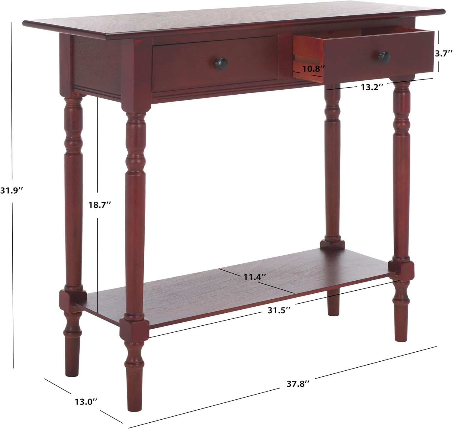 SAFAVIEH Home Collection – Rosemary Dark Cherry Console Table with Drawers & Shelf, Classic Contemporary Storage Console, Turned Leg Design (AMH5705D)
