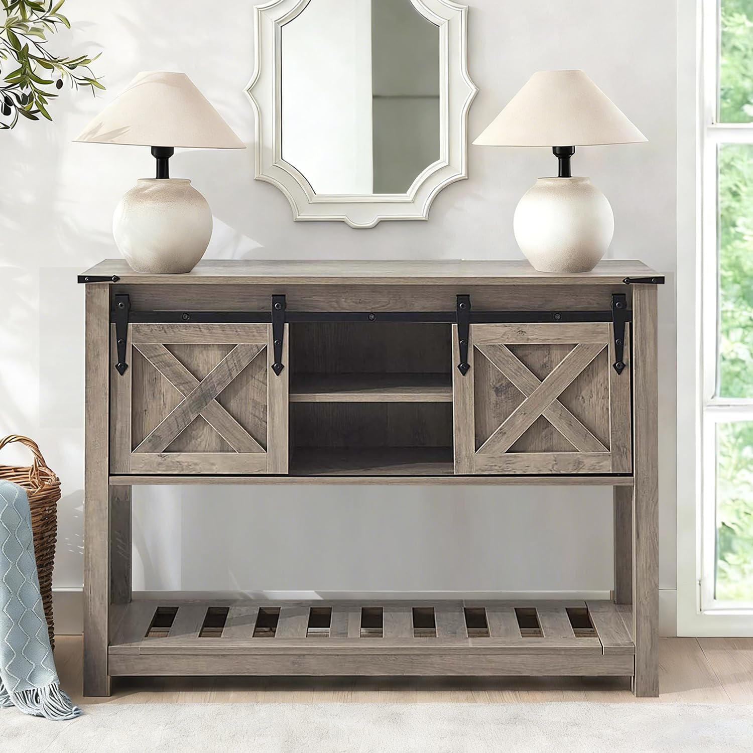 Grey Farmhouse Entryway Table, Rustic Hallway Table with Storage Shelf, Sofa Table with Sliding Barn Doors for Hallway, Entryway, Living Room, Foyer