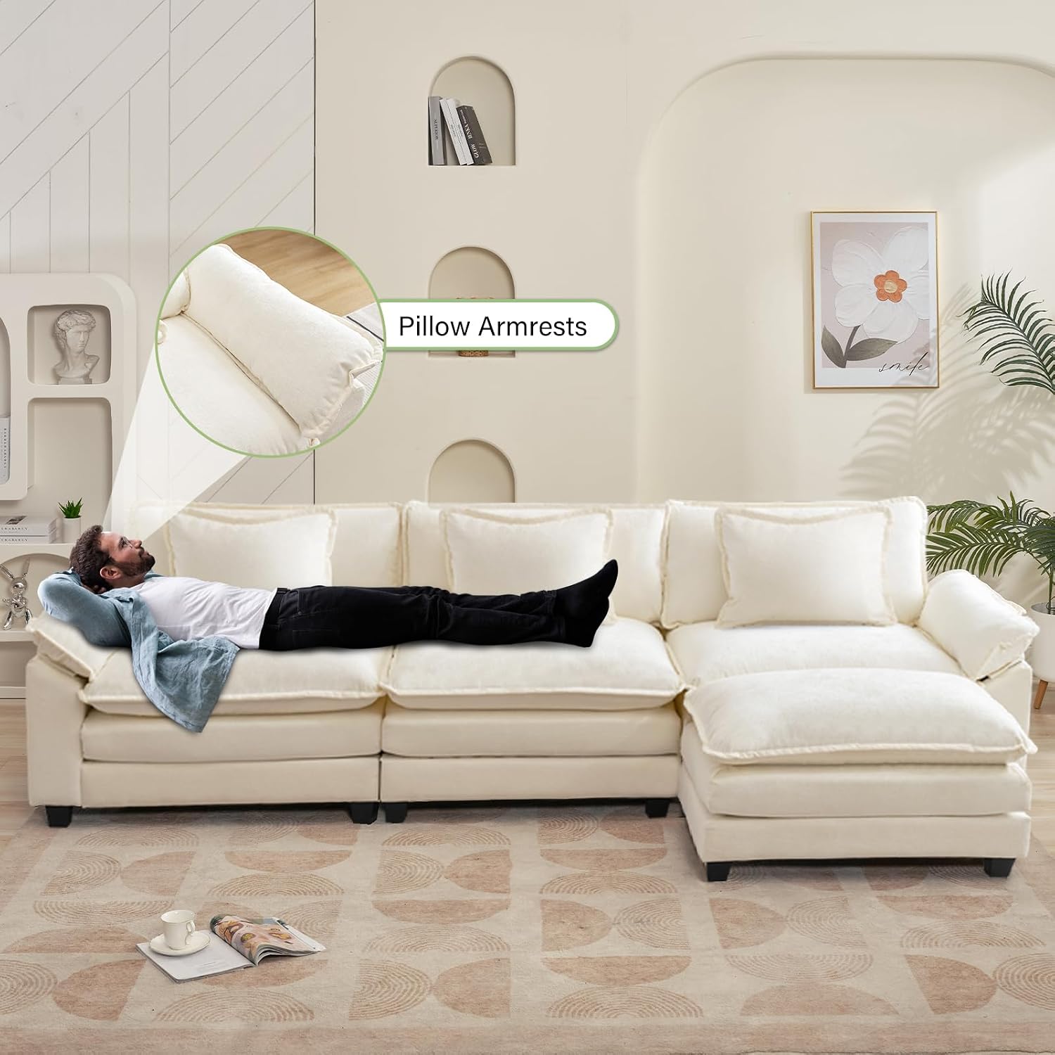 Oprisen 120' Modular Sectional Sofa, Comfy Cloud Couch Sectional Sofa with Ottoman, Chenille Sofa Sleeper Deep Seat Sofa with Throw Pillows for Living Room (Beige White, 120'- L Shape)