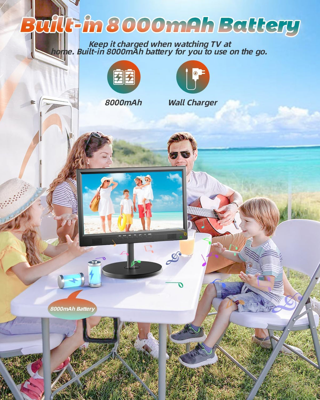 Desobry 19.2' Portable TV for Camping, Built-in 8000mAh Battery Powered TV Portable for Power Outages, Battery Operated TVs 1080P HDMI Input, AV Input, USB, for Kitchen Bedroom Camping Patio RV