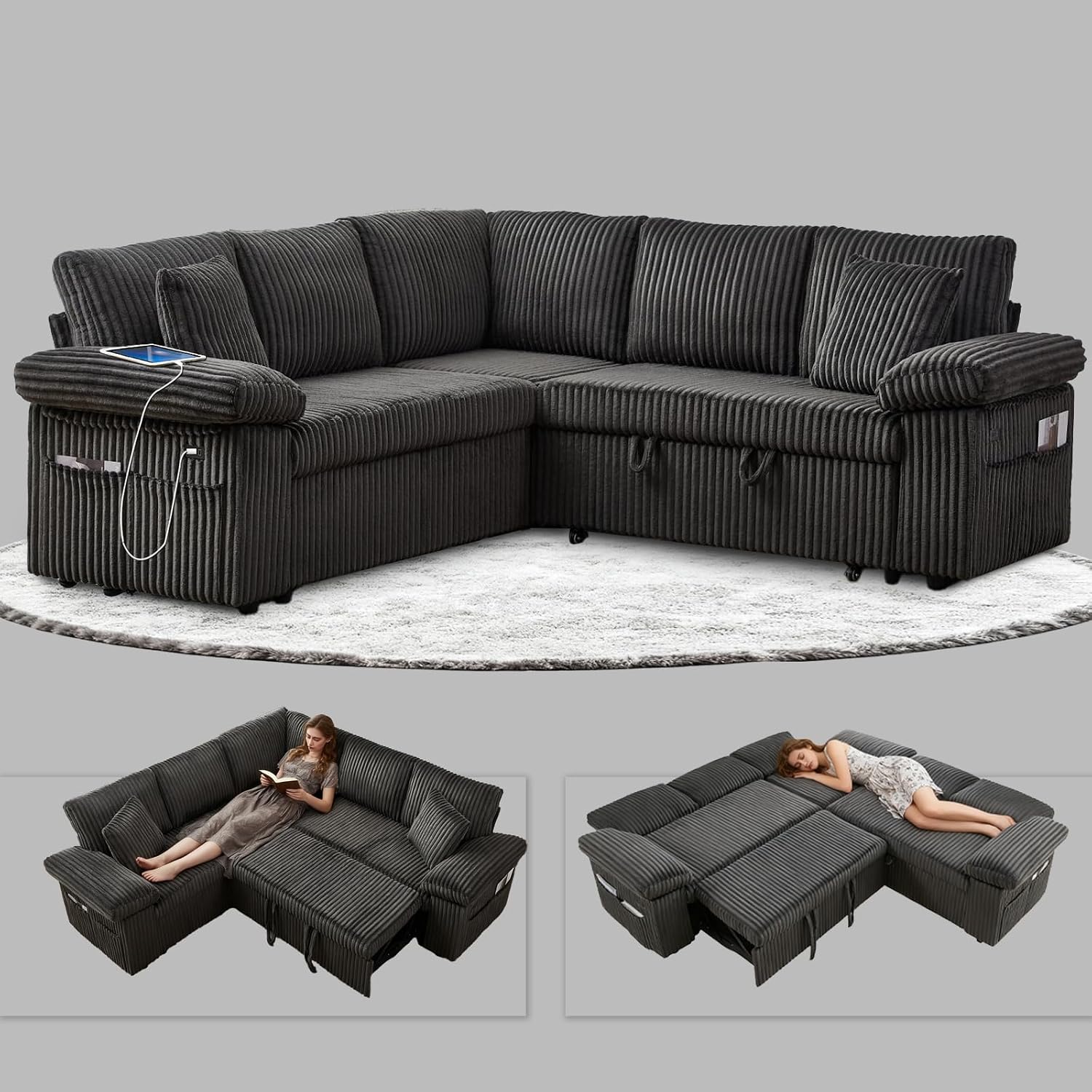 81' Modular Sectional Sofa, L Shaped 5-Seater Sleeper Sofa with Pull Out Bed, Hidden Storage& USB Charging Ports, Sectional Couches for Living Room(Corduroy, Black Grey)
