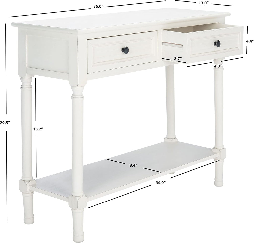 SAFAVIEH Home Collection – Tate Distressed White 2-Drawer Console Table with Shelf, Turned Leg Farmhouse Accent Console for Entryway or Living Room (CNS5720A)